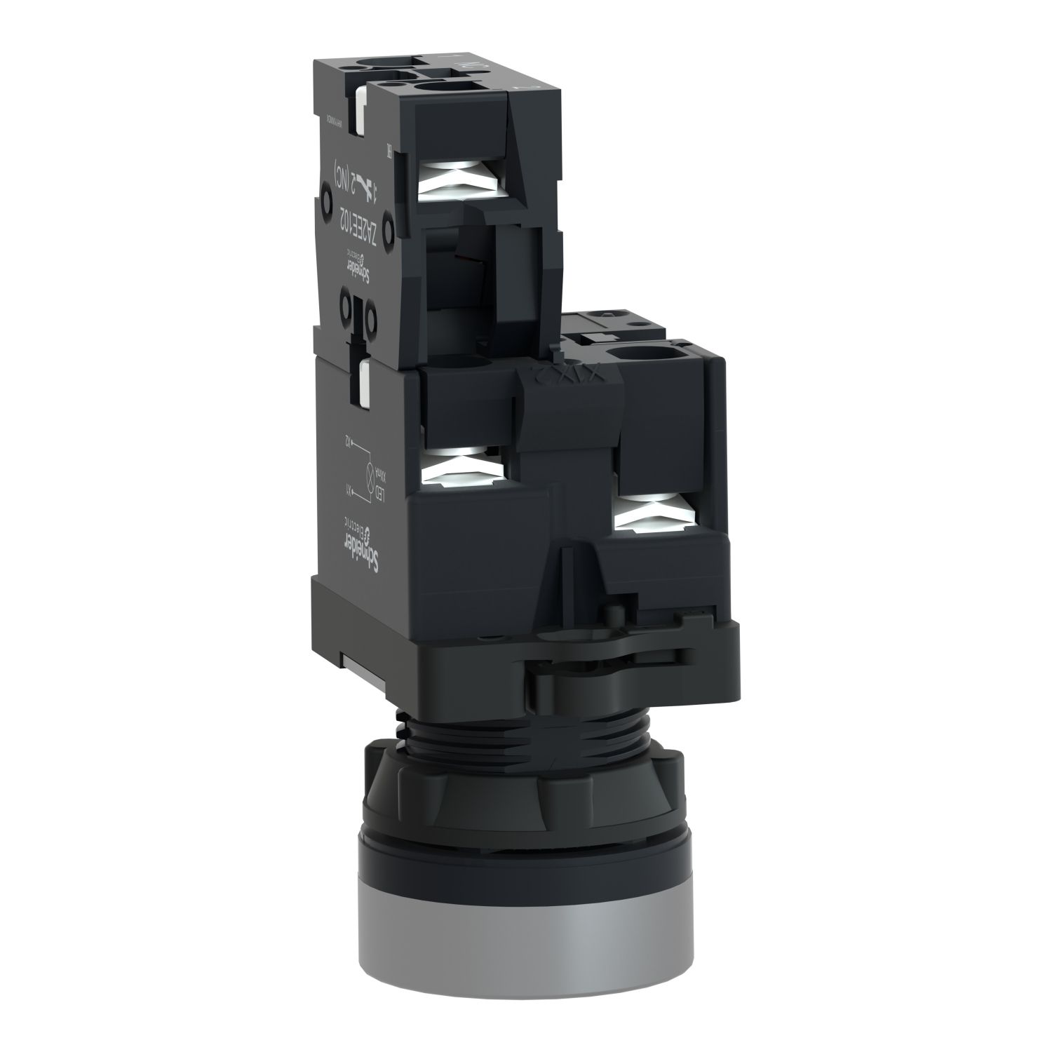 Picture of Complete illuminated push button, Easy Harmony XA2, plastic, flush, red, 22mm, spring return, 24V AC DC, 1NC