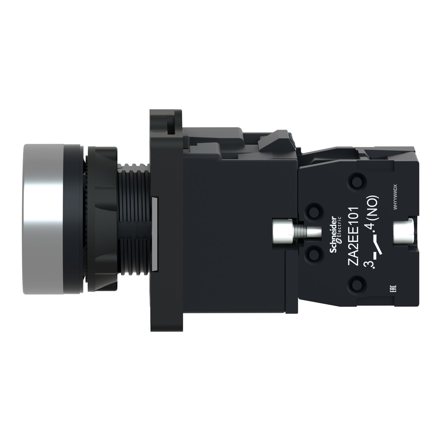 Picture of Complete illuminated push button, Easy Harmony XA2, plastic, flush, red, 22mm, spring return, 220V AC, 1NO