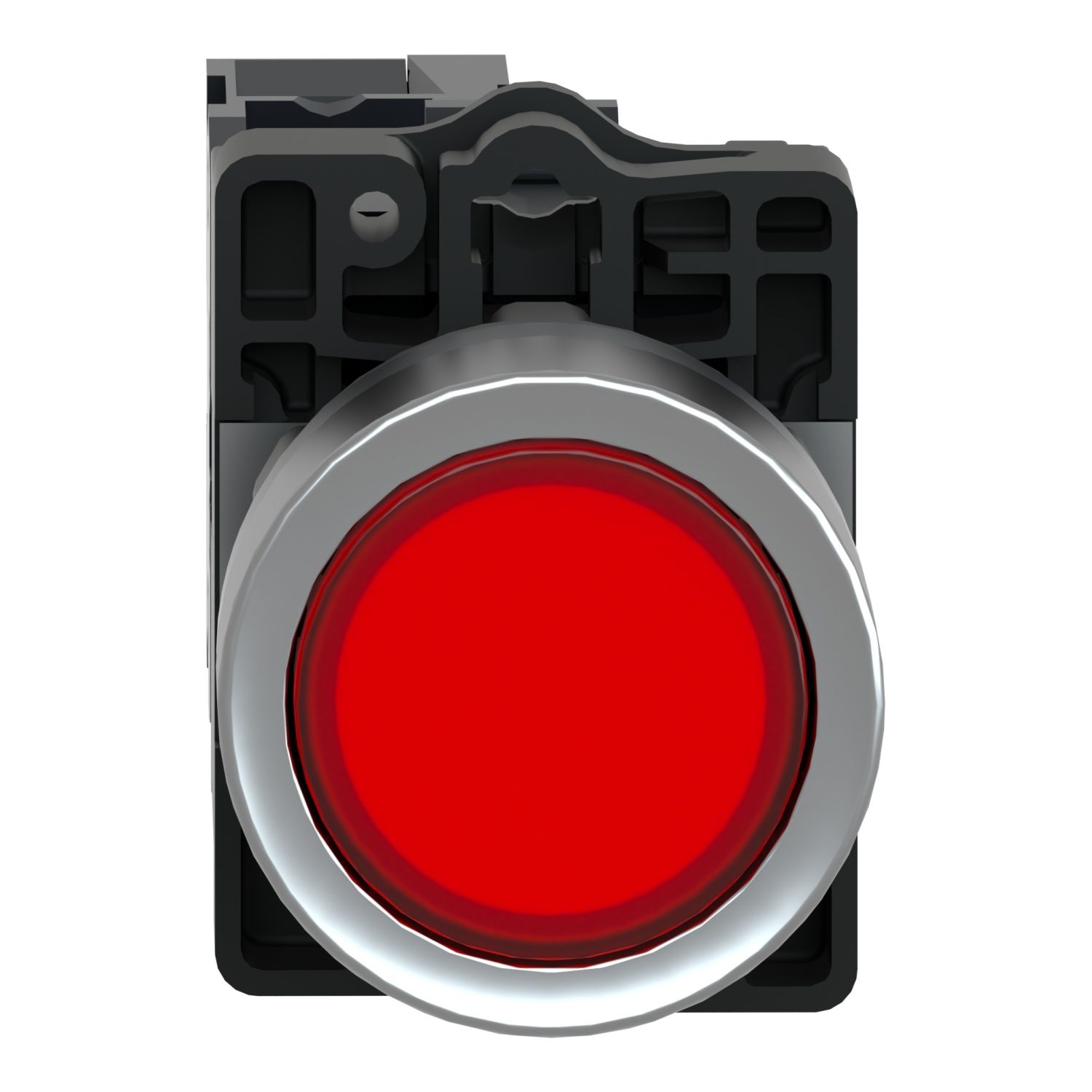Picture of Complete illuminated push button, Easy Harmony XA2, plastic, flush, red, 22mm, spring return, 220V AC, 1NC