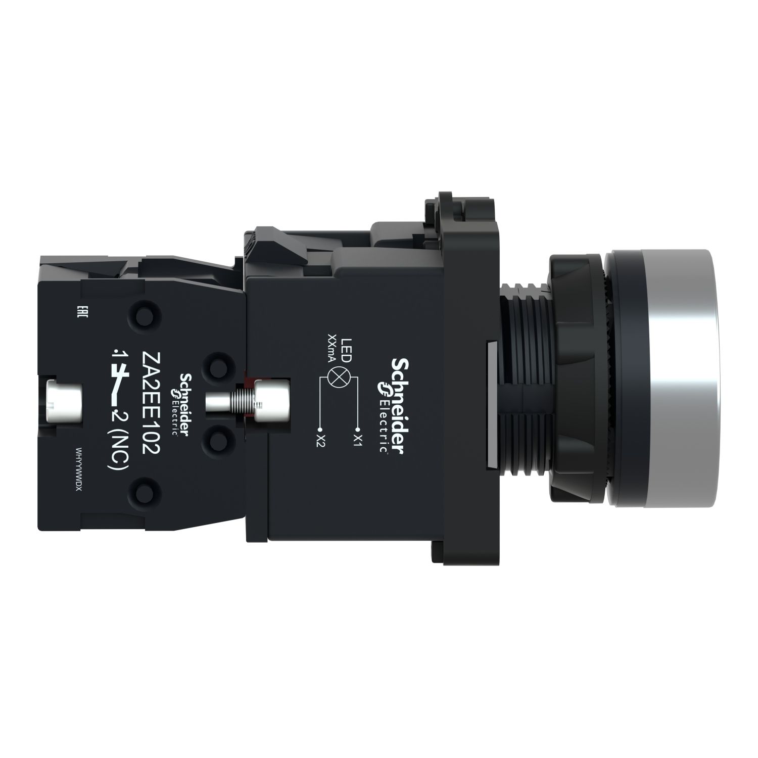 Picture of Complete illuminated push button, Easy Harmony XA2, plastic, flush, red, 22mm, spring return, 220V AC, 1NC