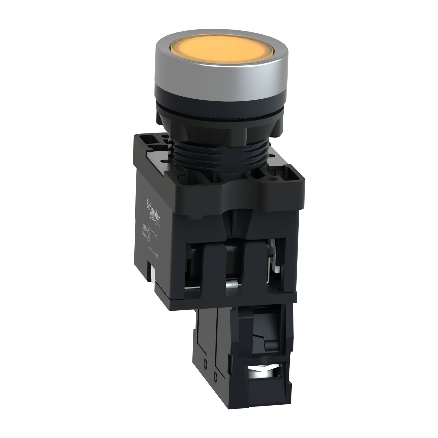 Picture of Complete illuminated push button, Easy Harmony XA2, plastic, flush, amber, 22mm, spring return, 24V AC DC, 1NO