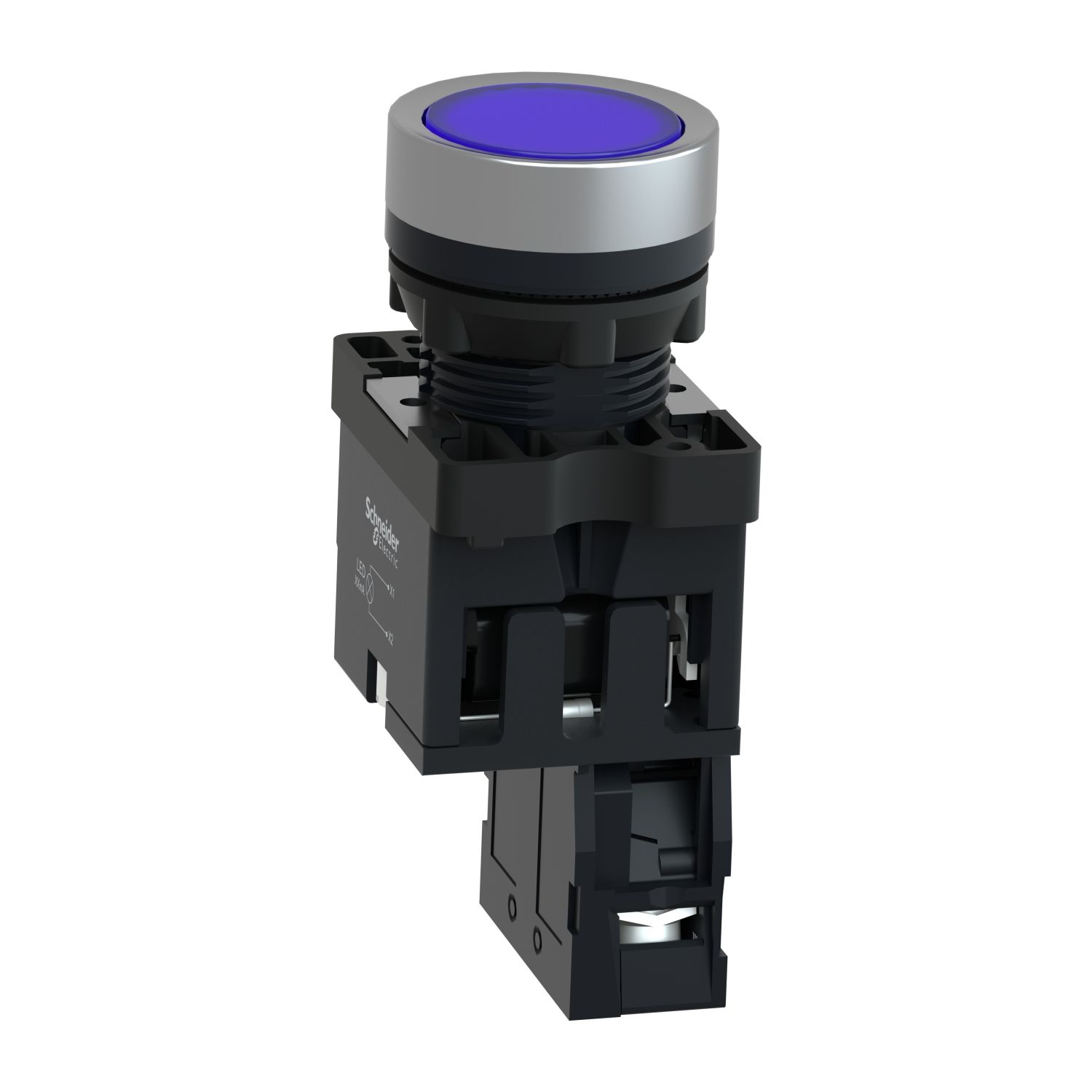 Picture of Complete illuminated push button, Easy Harmony XA2, plastic, flush, blue, 22mm, spring return, 24V AC DC, 1NO