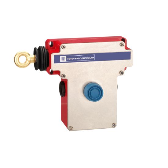 Picture of Latching emergency stop rope pull switch with light force, Telemecanique rope pull switches XY2C, LH side, 1NC+1NO