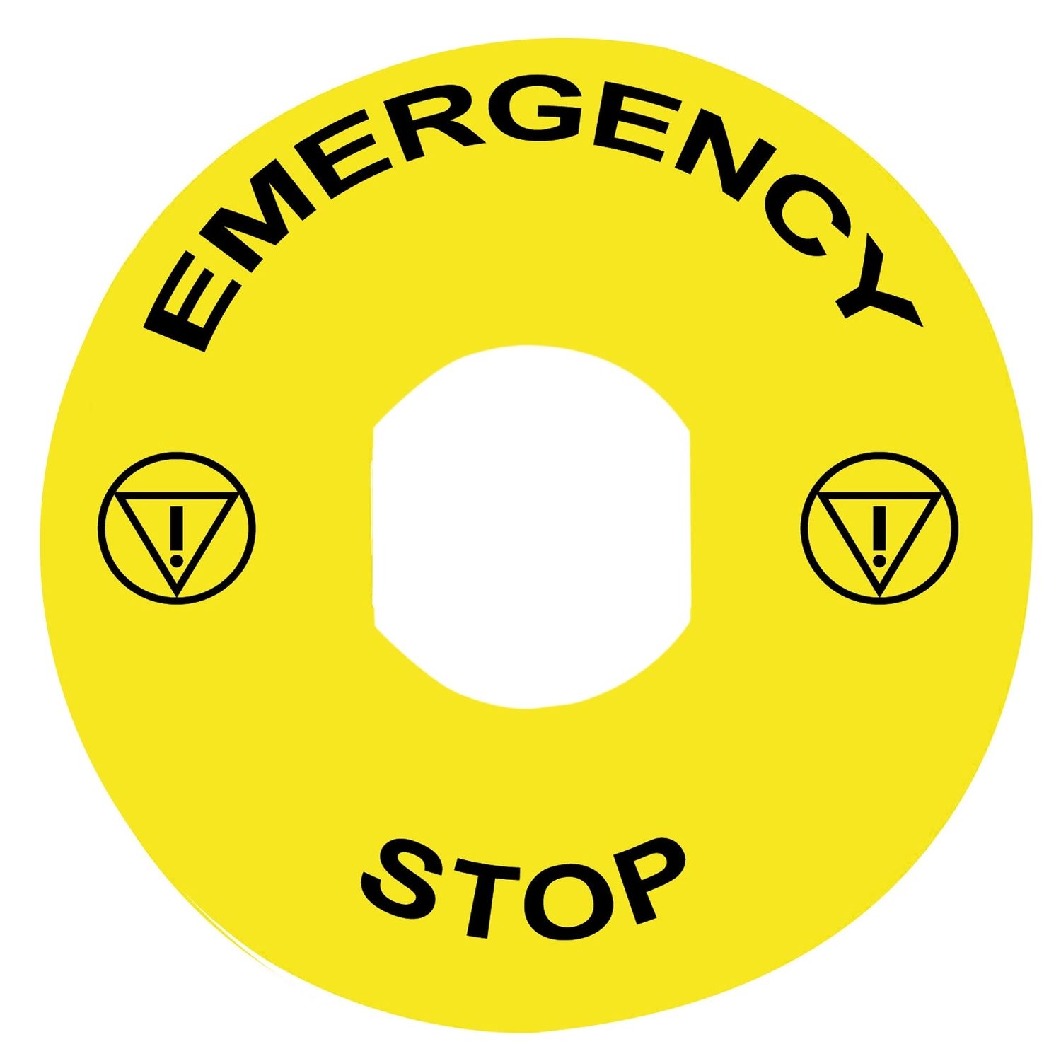 Picture of Marked legend, Harmony XB4, plastic, yellow, 90mm, for emergency stop, marked EMERGENCY STOP with logo ISO13851