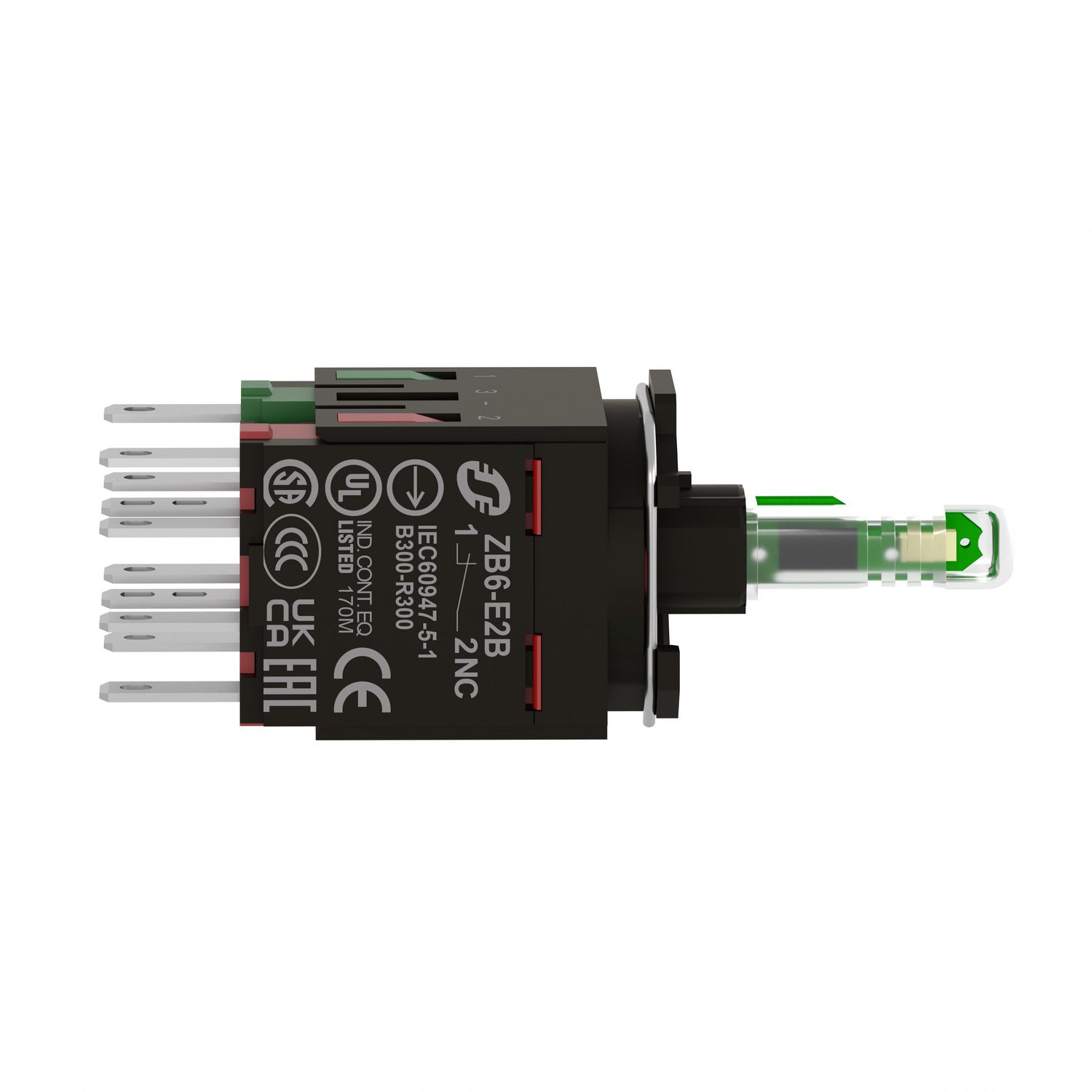 Picture of Complete body for illuminated push button, Harmony XB6, green light block, with body fixing collar, integral LED, 12...24V, 1NO + 1NC