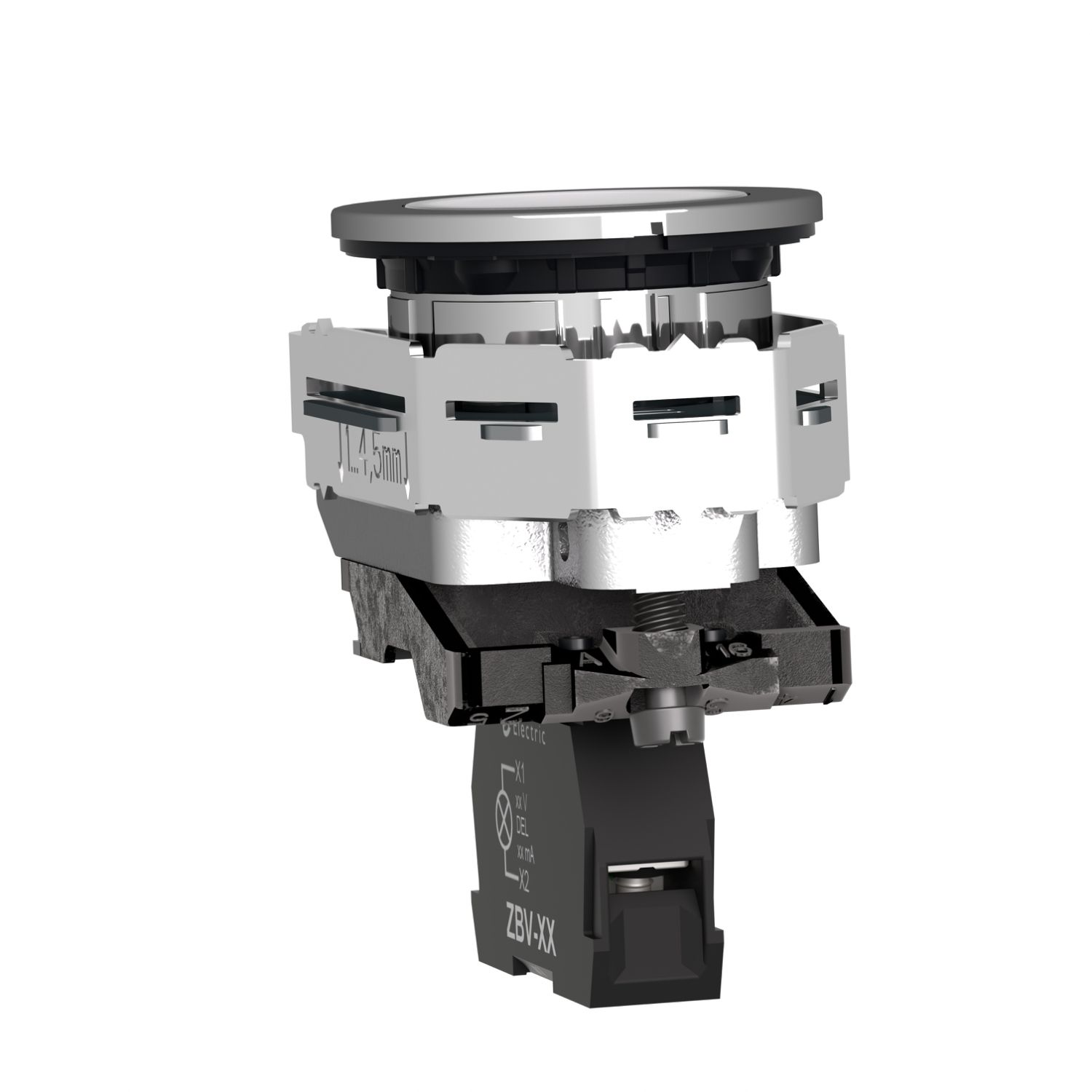 Picture of Pilot light, Harmony XB4,metal, white flush mounted, 30mm, universal LED, plain lens, 24V AC DC