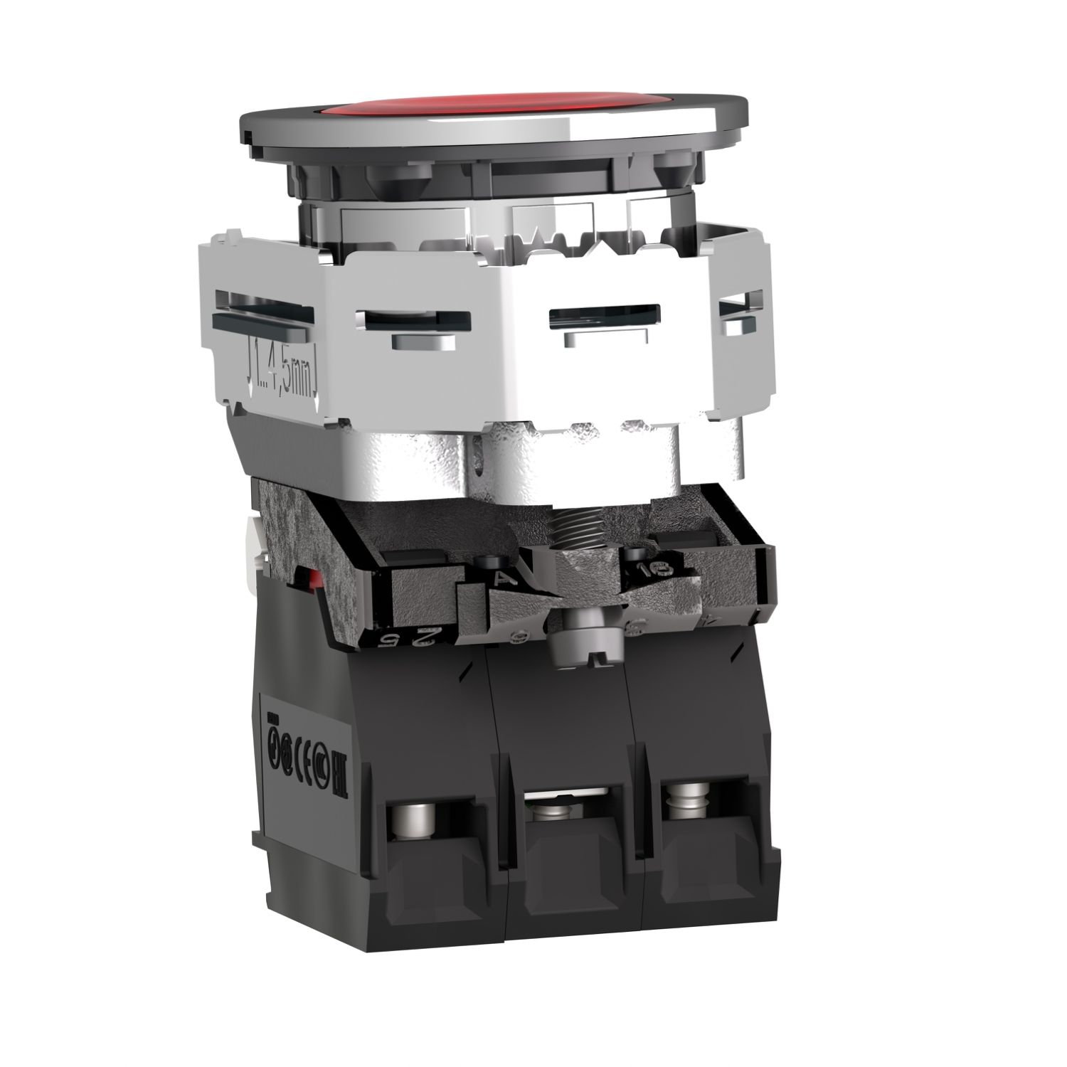 Picture of Illuminated push button, Harmony XB4, metal, red flush mounted, 30mm, universal LED, plain lens, 1NO + 1NC, 24V AC DC