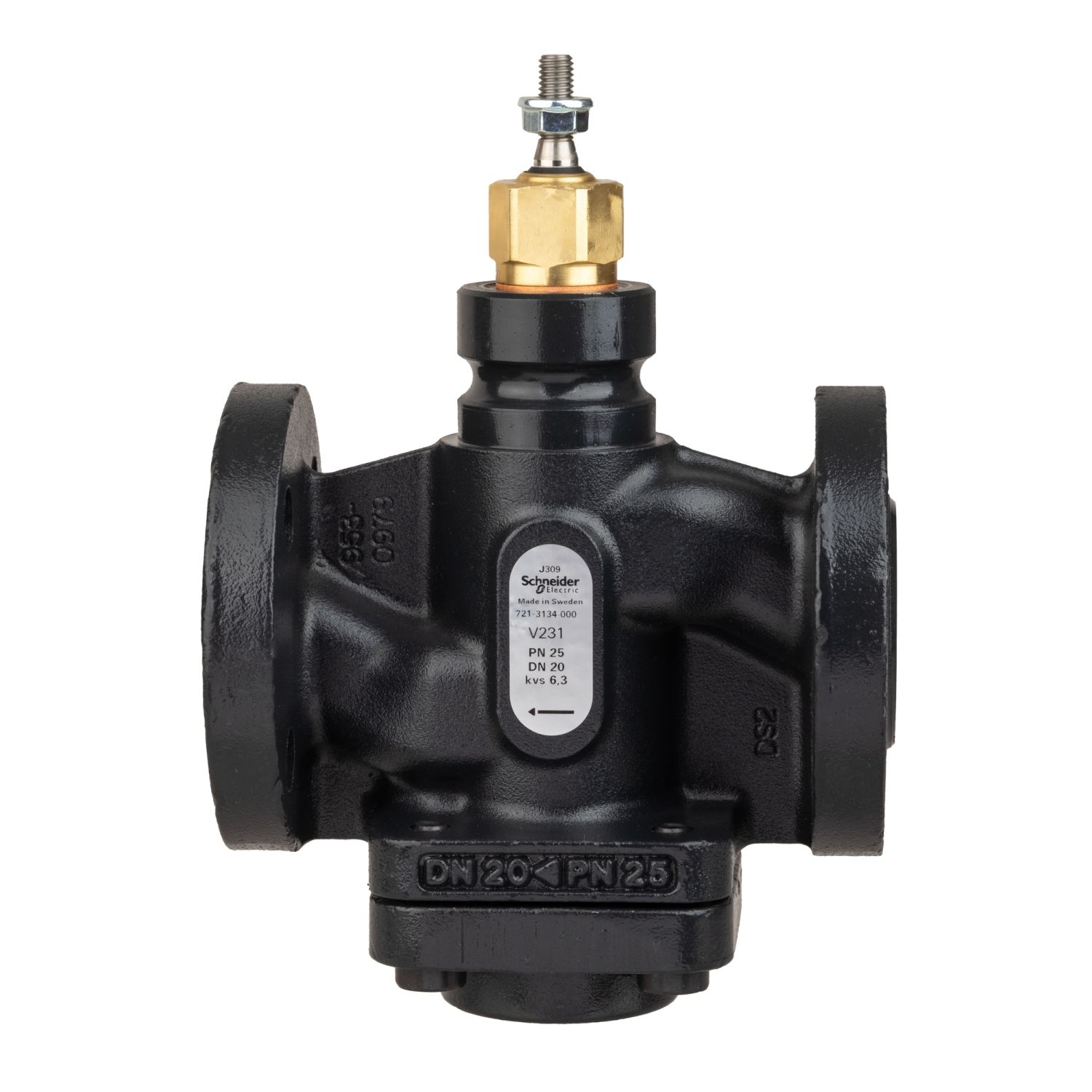 Picture of Venta V231 Globe Valve, 2-Way, PN25, Flanged, DN20, Kvs 6.3, Nodular Iron, Stainless Plug and Seat, Stem Up Closed.