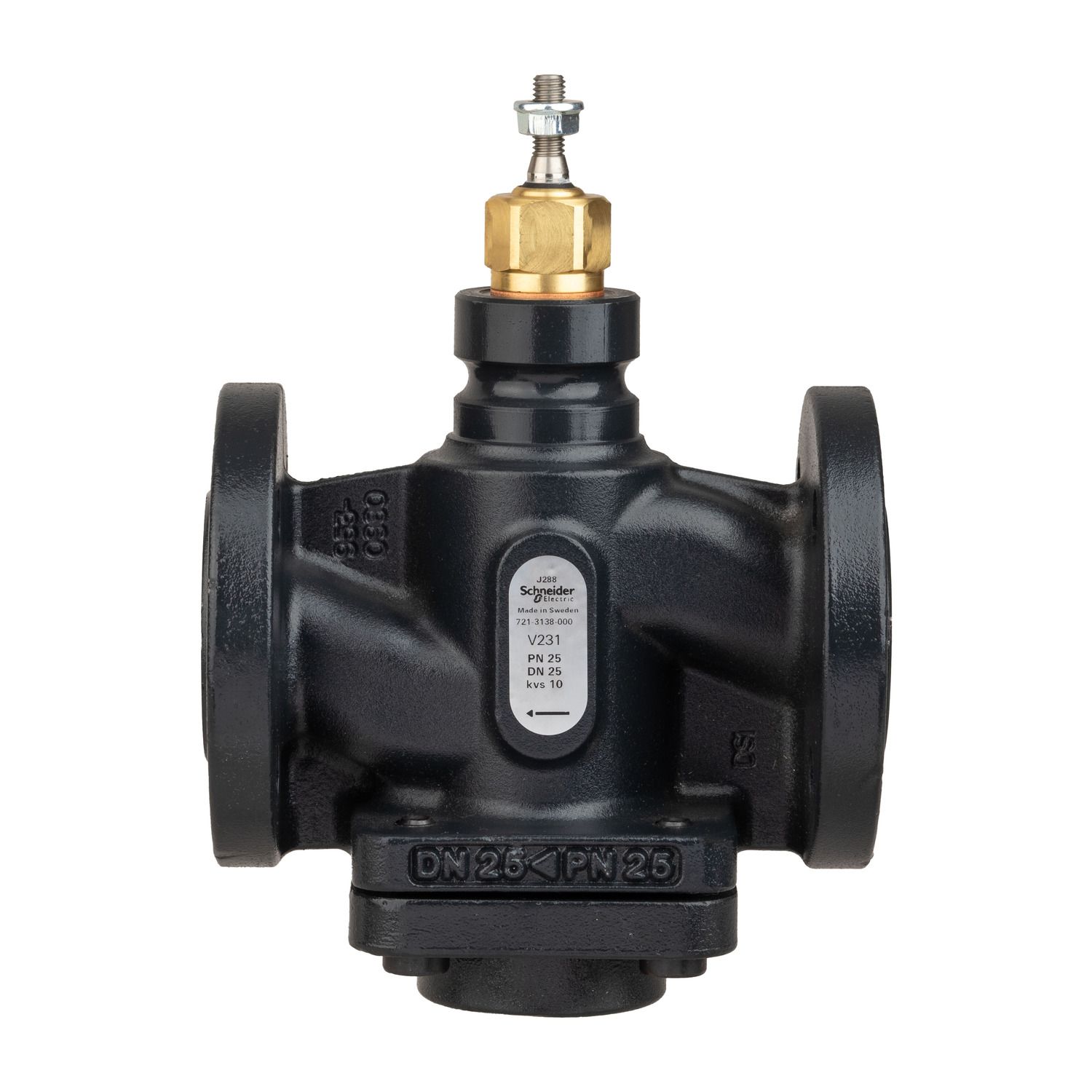 Picture of Venta V231 Globe Valve, 2-Way, PN25, Flanged, DN25, Kvs 10, Nodular Iron, Stainless Plug and Seat, Stem Up Closed.