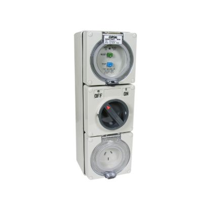 Picture of RCD Protected Switched Socket Outlet, Clipsal - 56 Series, 250V 10A, 3 Flat PIN IP66, 1 Pole, 30mA RCD