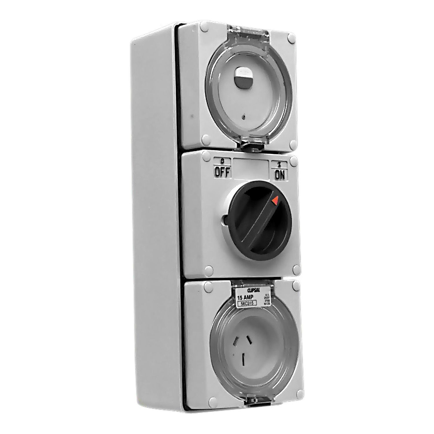 Picture of RCD Protected Switched Socket Outlet, Clipsal - 56 Series, 250V 15A, 3 Flat PIN IP66, 1 Pole, 30mA RCD