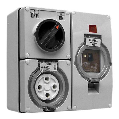 Picture of RCD Protected Switched Socket Outlet, Clipsal - 56 Series, 500V 32A, 4 Round PIN IP66 3 Pole, 30mA RCD
