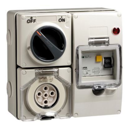 Picture of RCD Protected Switched Socket Outlet, Clipsal - 56 Series, 500V 20A 5 Round PIN, IP66 3 Pole, 30mA RCD
