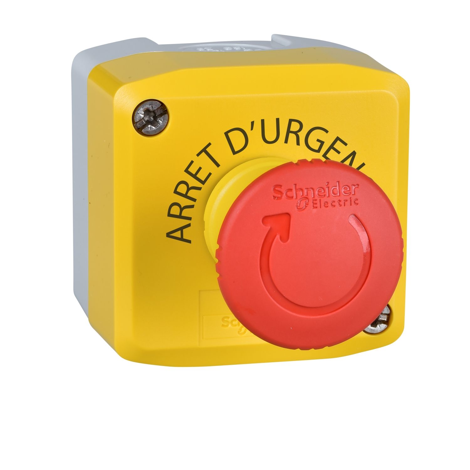 Picture of Control station, Harmony XALD, XALK, plastic, yellow, 1 red mushroom head push button 40mm, emergency stop turn to release, 1NO + 1 NC, unmarked