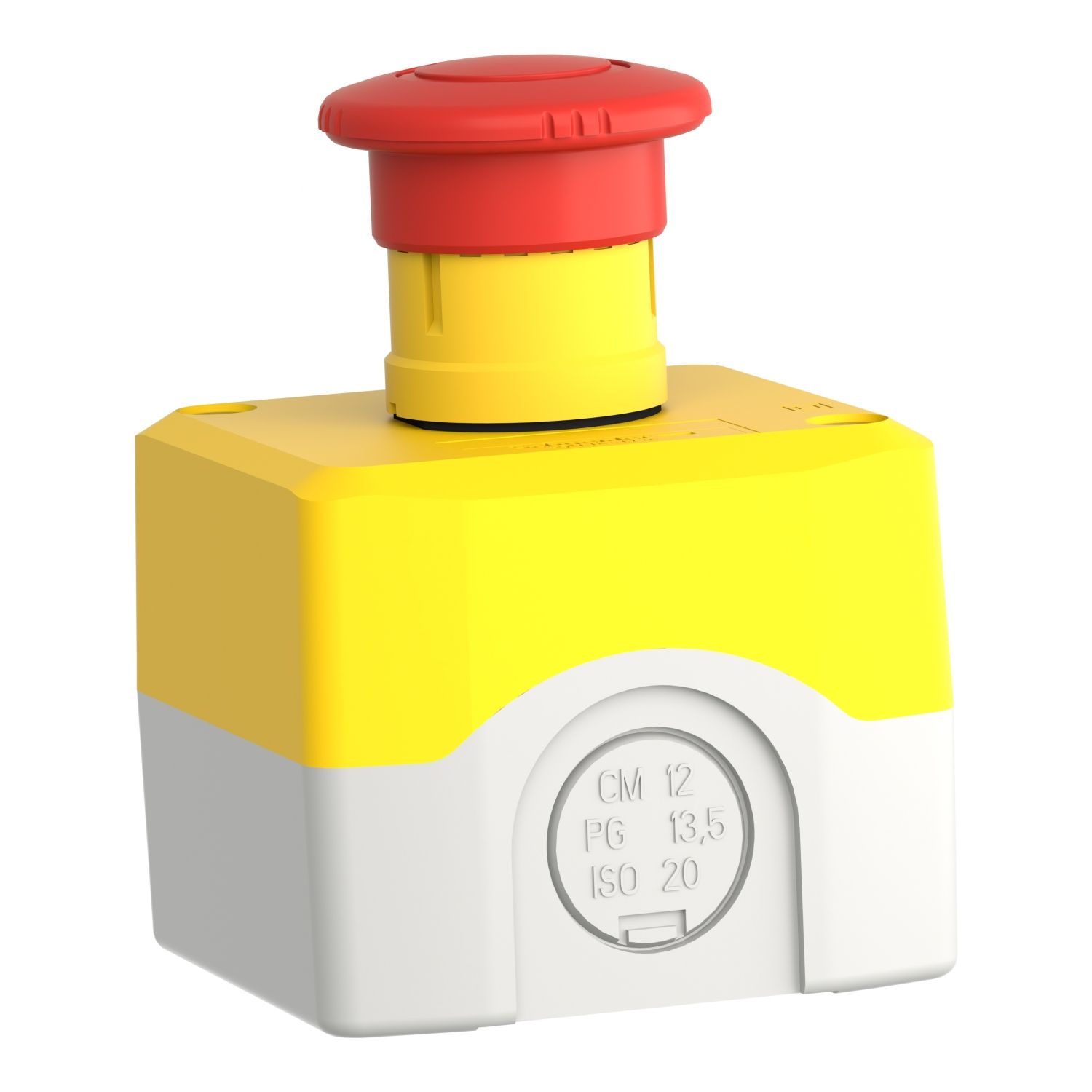 Picture of Control station, Harmony XALD, XALK, plastic, yellow, 1 red mushroom head push button 40mm, emergency stop turn to release, 1NO + 1 NC, unmarked