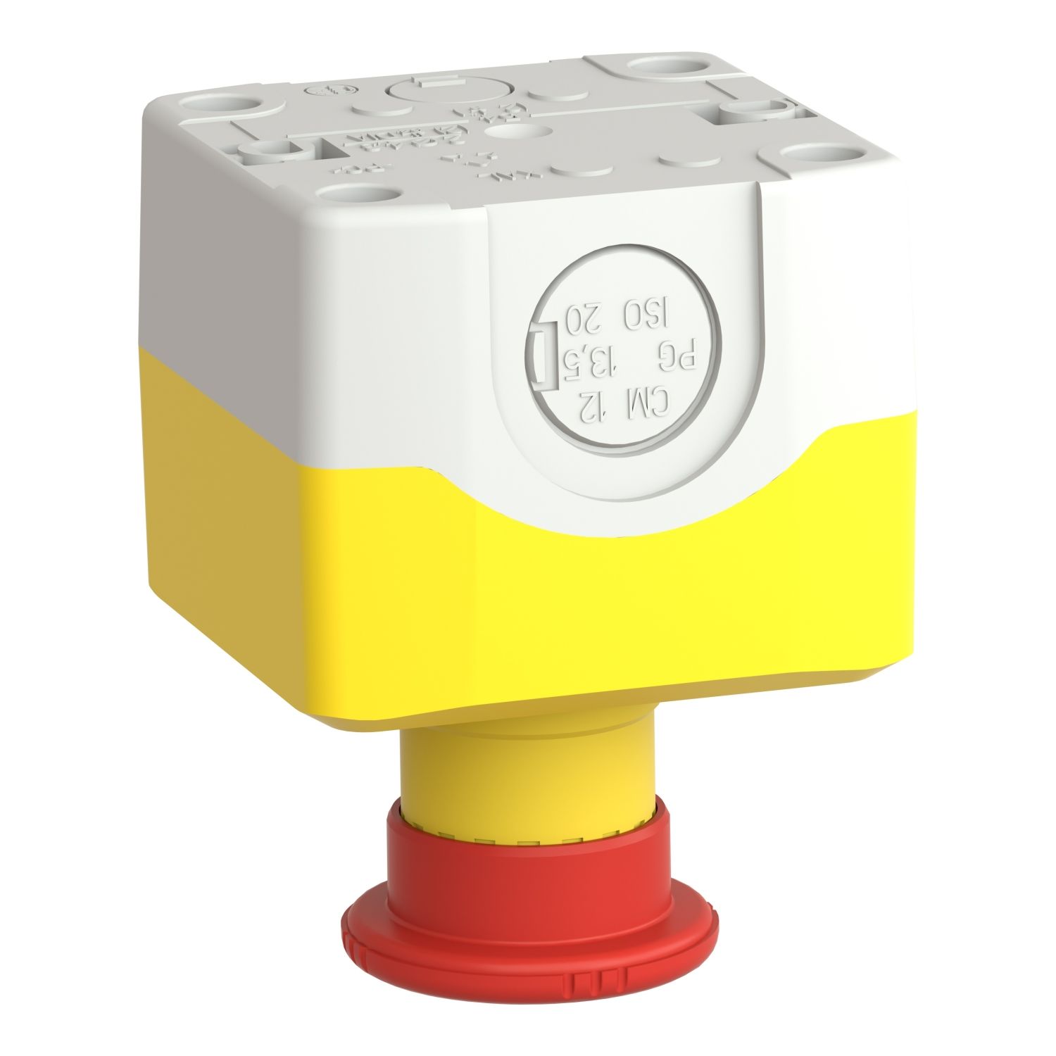 Picture of Control station, Harmony XALD, XALK, plastic, yellow, 1 red mushroom head push button 40mm, emergency stop turn to release, 1NO + 1 NC, unmarked
