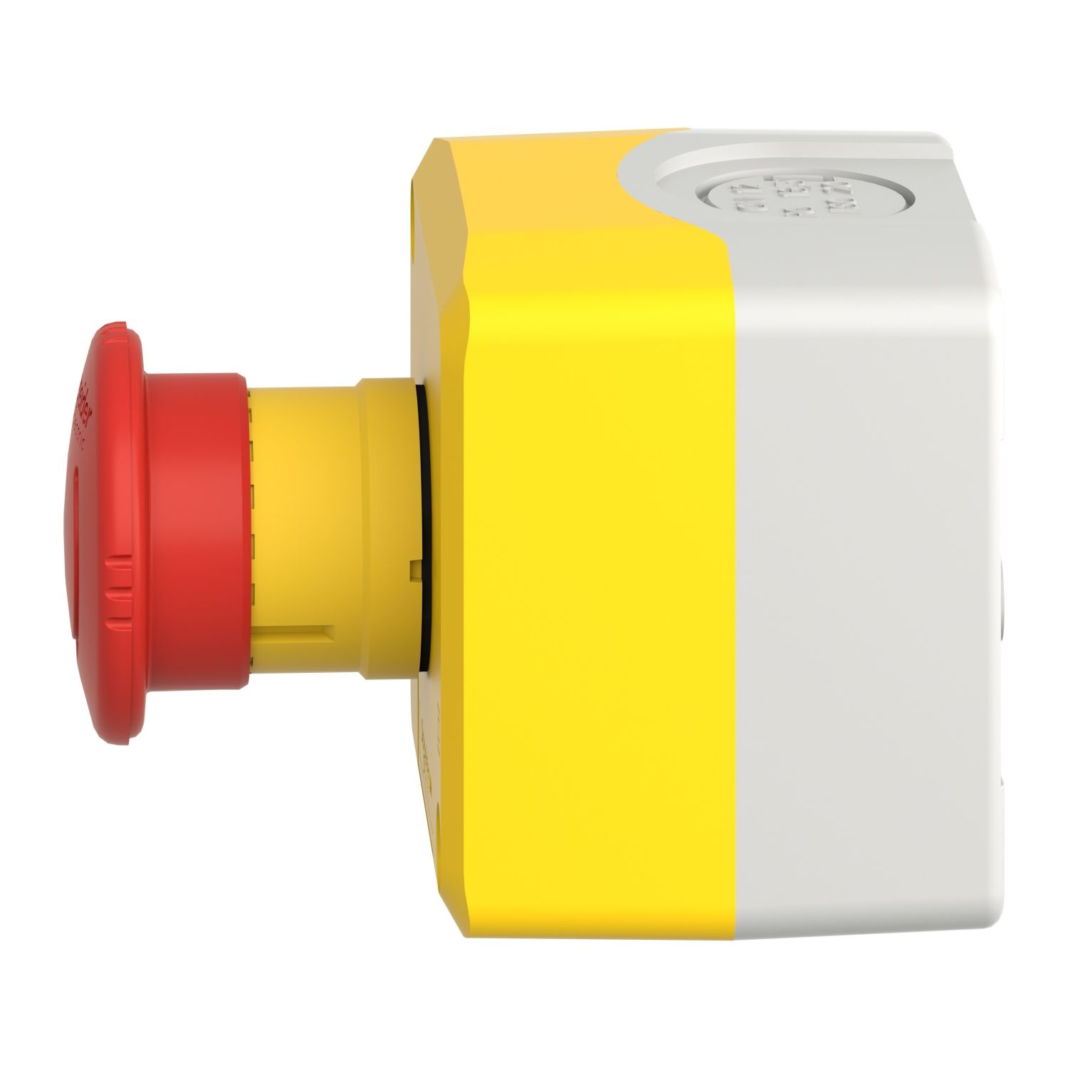Picture of Control station, Harmony XALD, XALK, plastic, yellow, 1 red mushroom head push button 40mm, emergency stop turn to release, 1NO + 1 NC, unmarked