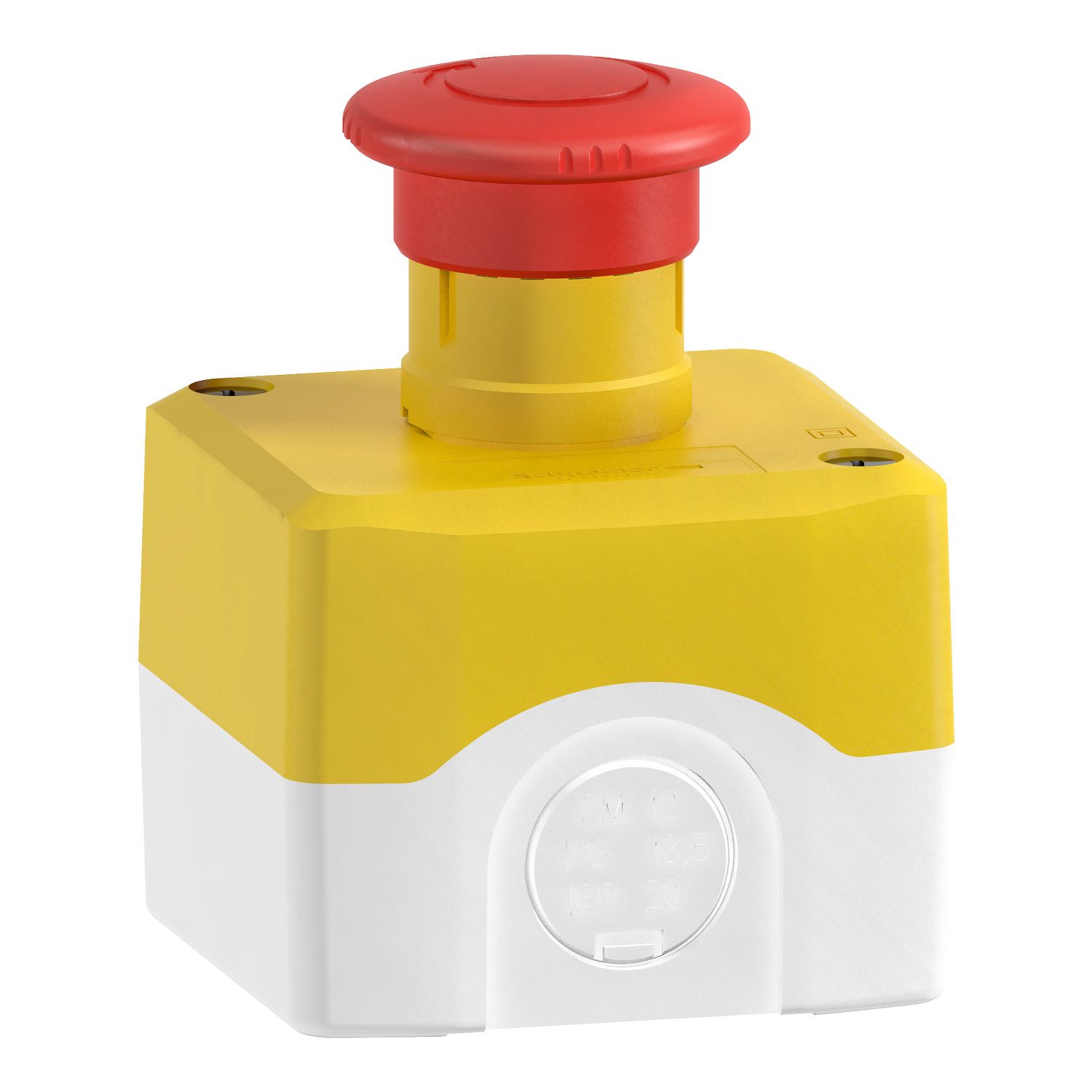 Picture of Complete control station, Harmony XALD, XALK, plastic, yellow lid, 1 red mushroom push button 40mm, turn to release, 2NC
