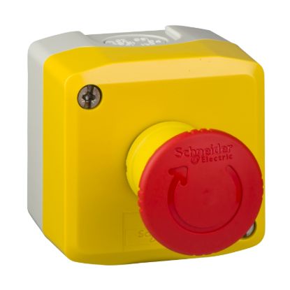Picture of Control station, Harmony XALD XALK, plastic, yellow lid, 1 red mushroom push button 40mm, turn to release, 1NC
