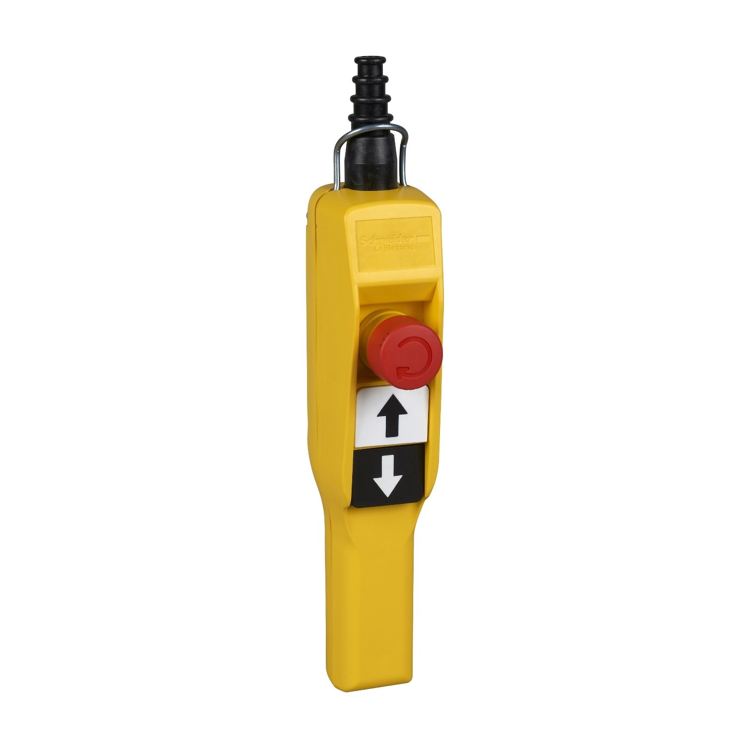 Picture of Pendant control station, Harmony XAC, plastic, yellow, pistol grip, 2 push buttons with NO+NC, 1 emergency stop NC