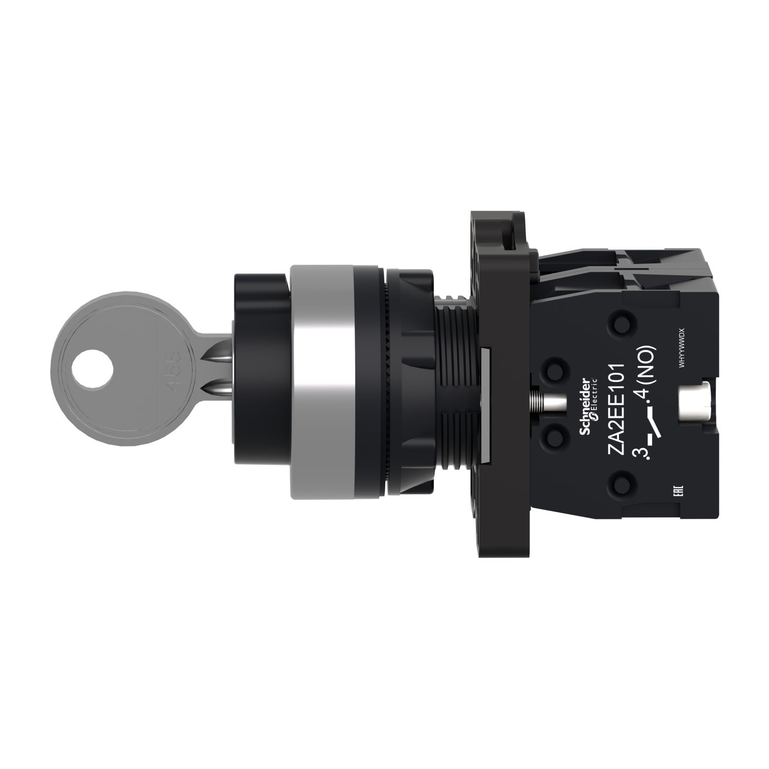 Picture of Complete selector switch, Easy Harmony XA2, plastic, black, 22mm, key 455, 3 positions, spring return to center, 2NO
