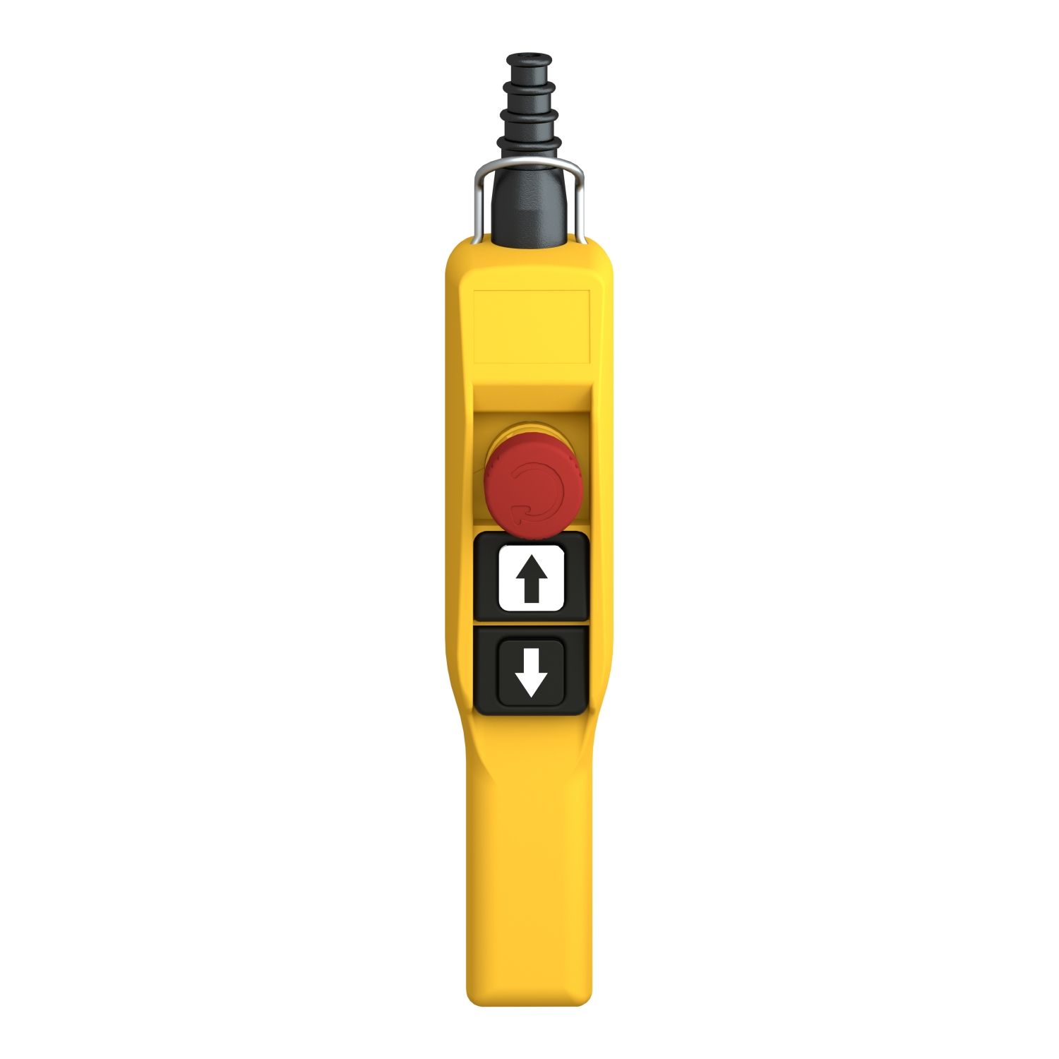 Picture of Pendant control station, Harmony XAC, plastic, yellow, pistol grip, 2 booted push buttons with NO + NC, 1 emergency stop NC