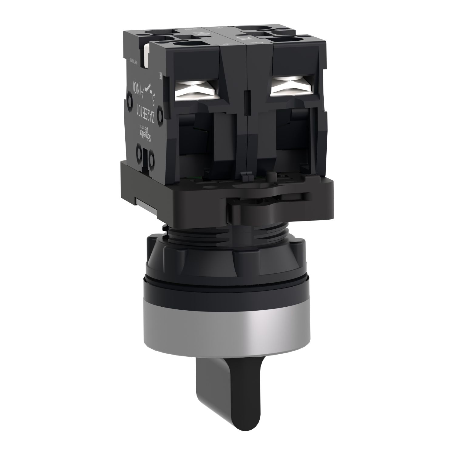 Picture of Complete selector switch, Easy Harmony XA2, plastic, black, 22mm, 3 positions, spring return to center, 2NO