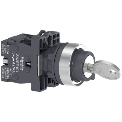 Picture of Complete selector switch, Easy Harmony XA2, plastic, black, 22mm, key 455, 3 positions, key withdrawal in any position, stay put, 2NO