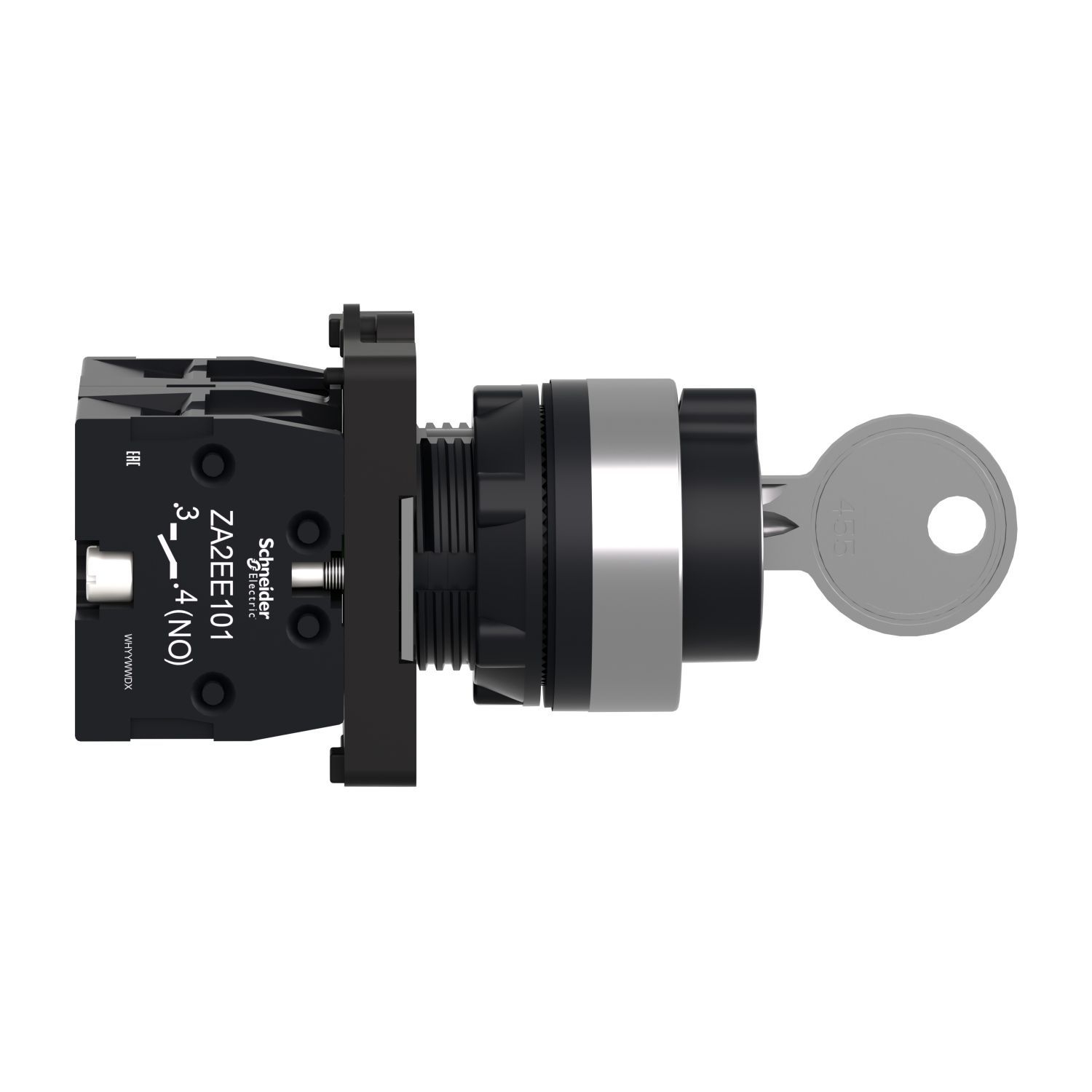 Picture of Complete selector switch, Easy Harmony XA2, plastic, black, 22mm, key 455, 3 positions, key withdrawal in any position, stay put, 2NO