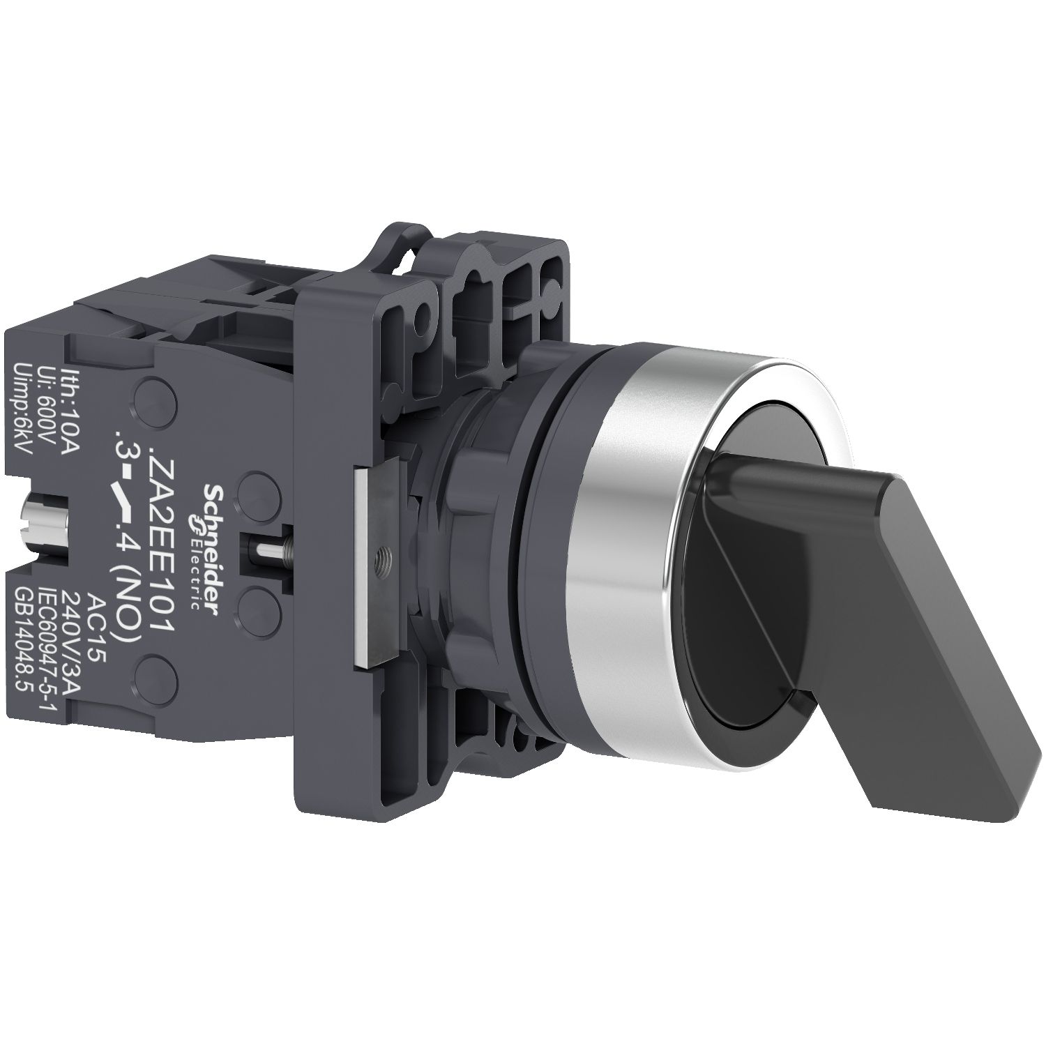 Picture of Complete selector switch, Easy Harmony XA2, plastic, black, 22mm, long handle, 3 positions, stay put, 2NO