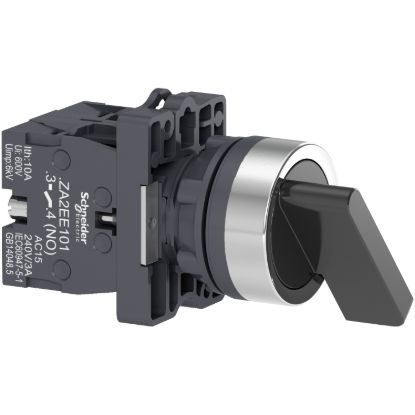 Picture of Complete selector switch, Easy Harmony XA2, plastic, black, 22mm, long handle, 3 positions, stay put, 2NO