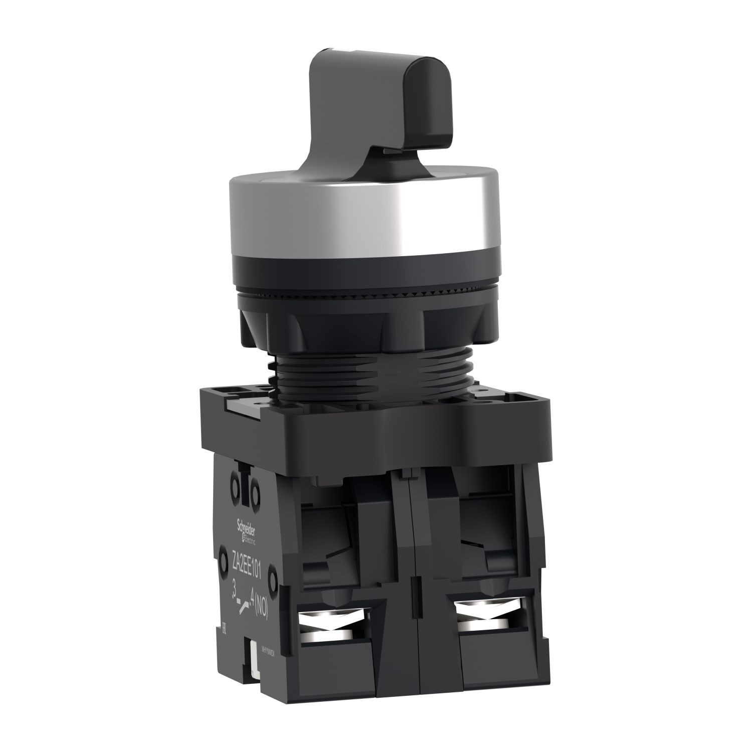 Picture of Complete selector switch, Easy Harmony XA2, plastic, black, 22mm, long handle, 3 positions, stay put, 2NO