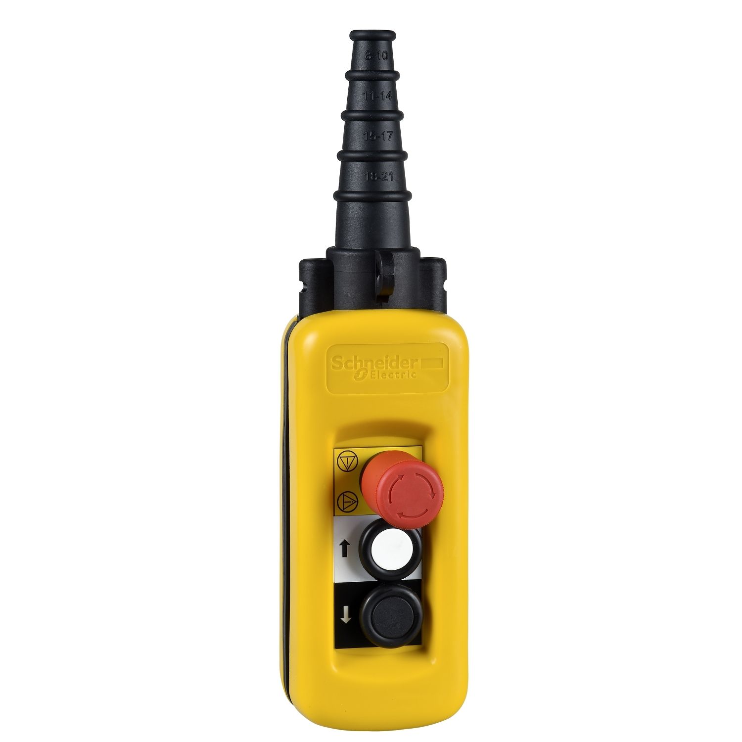 Picture of Pendant control station, Harmony XAC, plastic, yellow, 2 push buttons with 2NO+1NC, 1 emergency stop NC