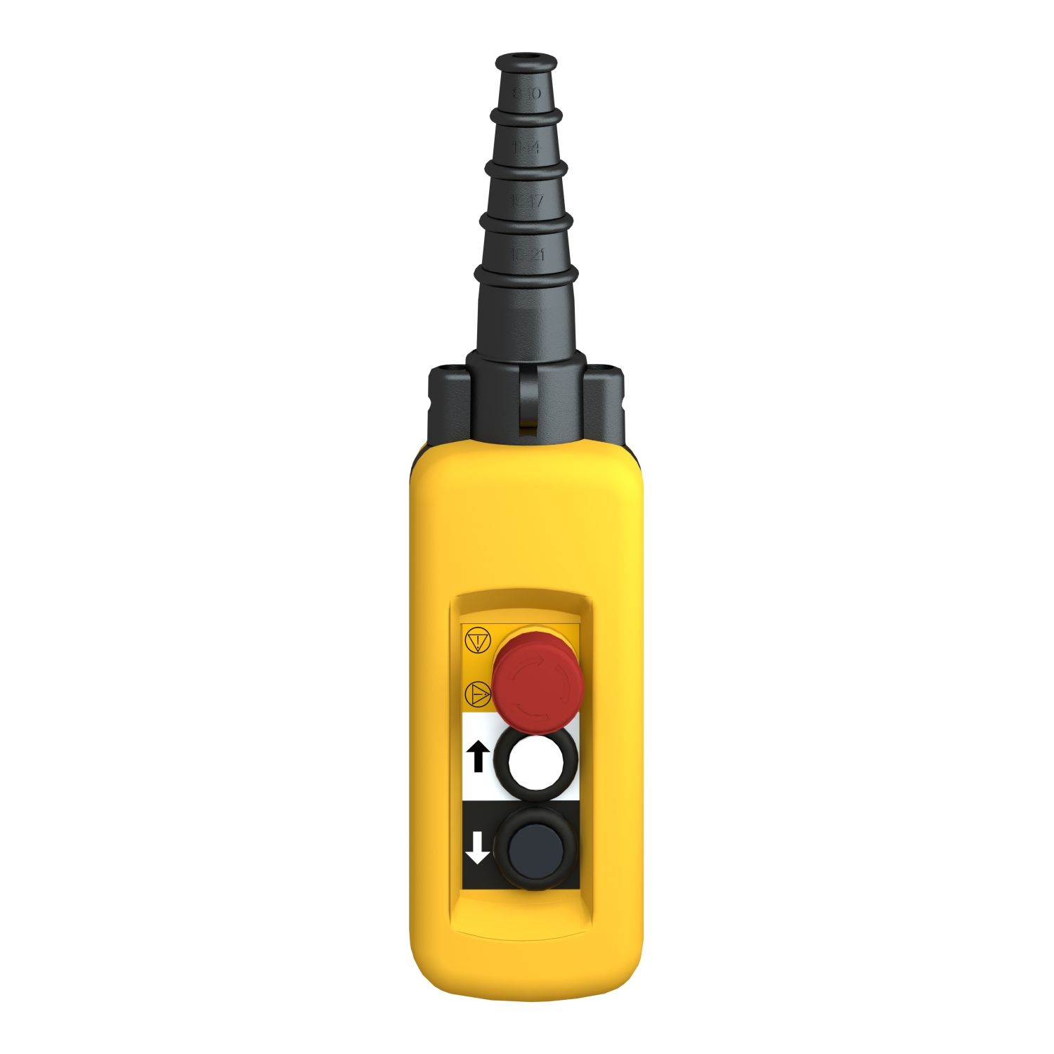 Picture of Pendant control station, Harmony XAC, plastic, yellow, 2 push buttons with 2NO+1NC, 1 emergency stop NC
