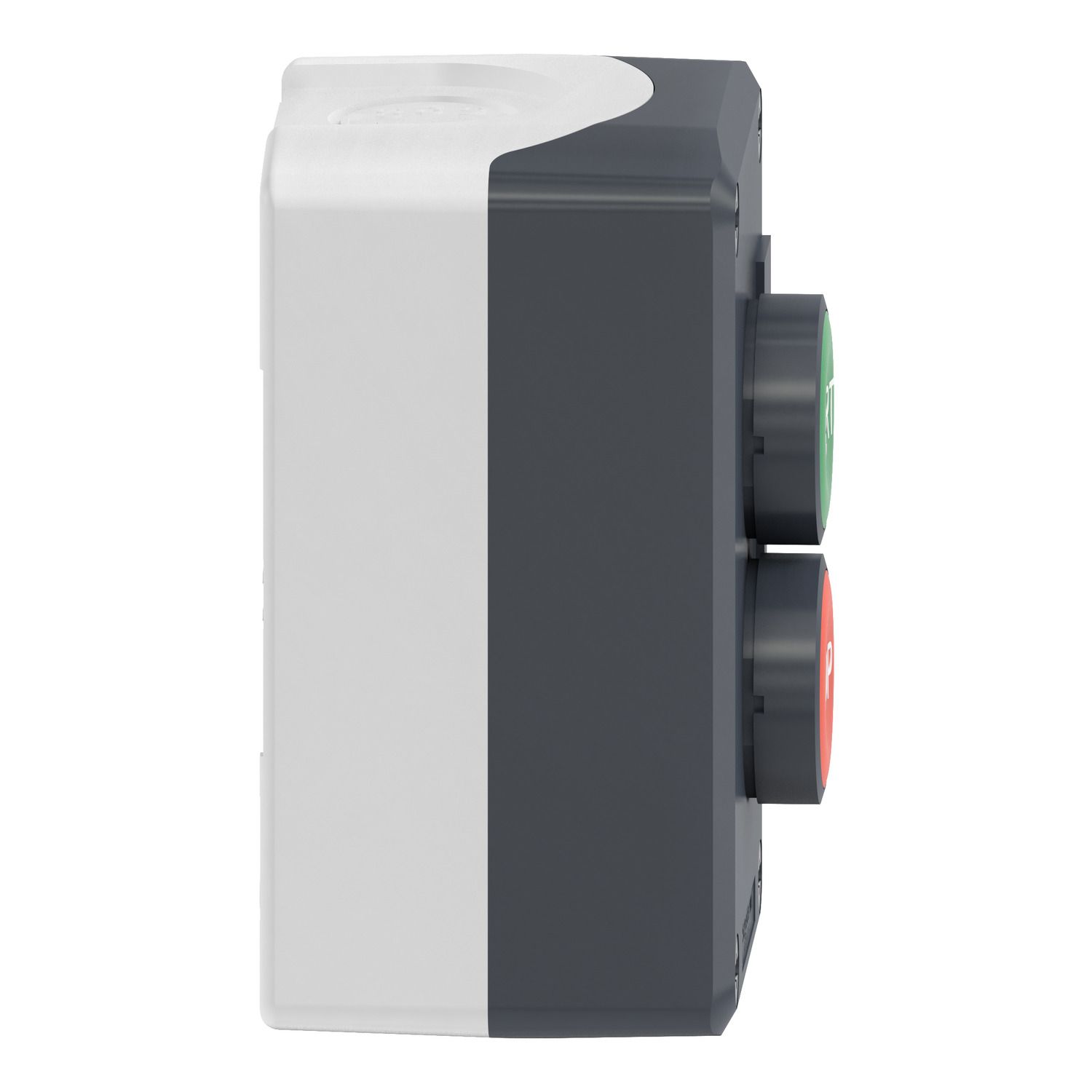 Picture of Control station, Harmony XALD XALK, plastic, dark grey lid, 2 flush push buttons 22mm, marked START STOP, 1NO+1NC