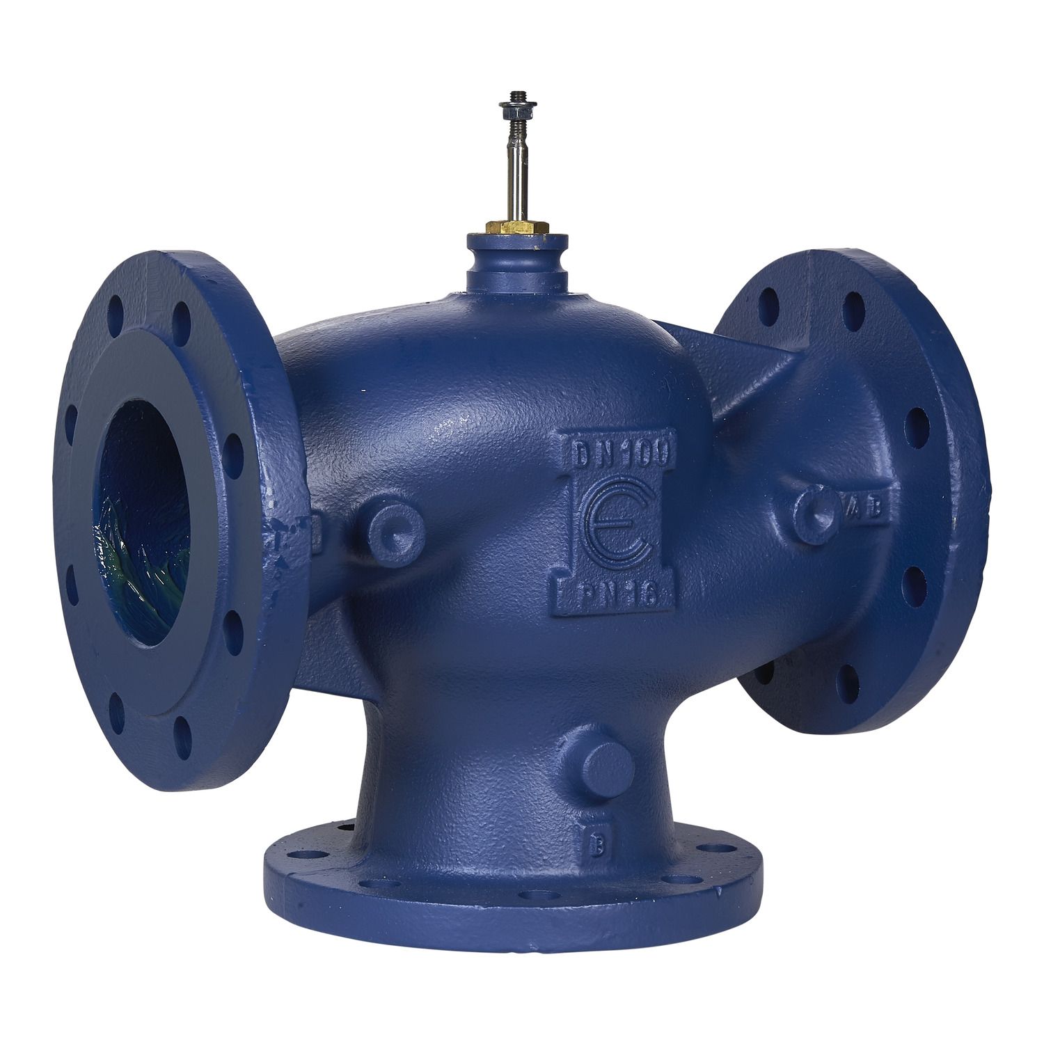 Picture of VG311F Globe Valve, 3-Way, DN100, Flanged, Kvs 130 mÂ³/h, Cast Iron Body and Seat, Brass Plug.