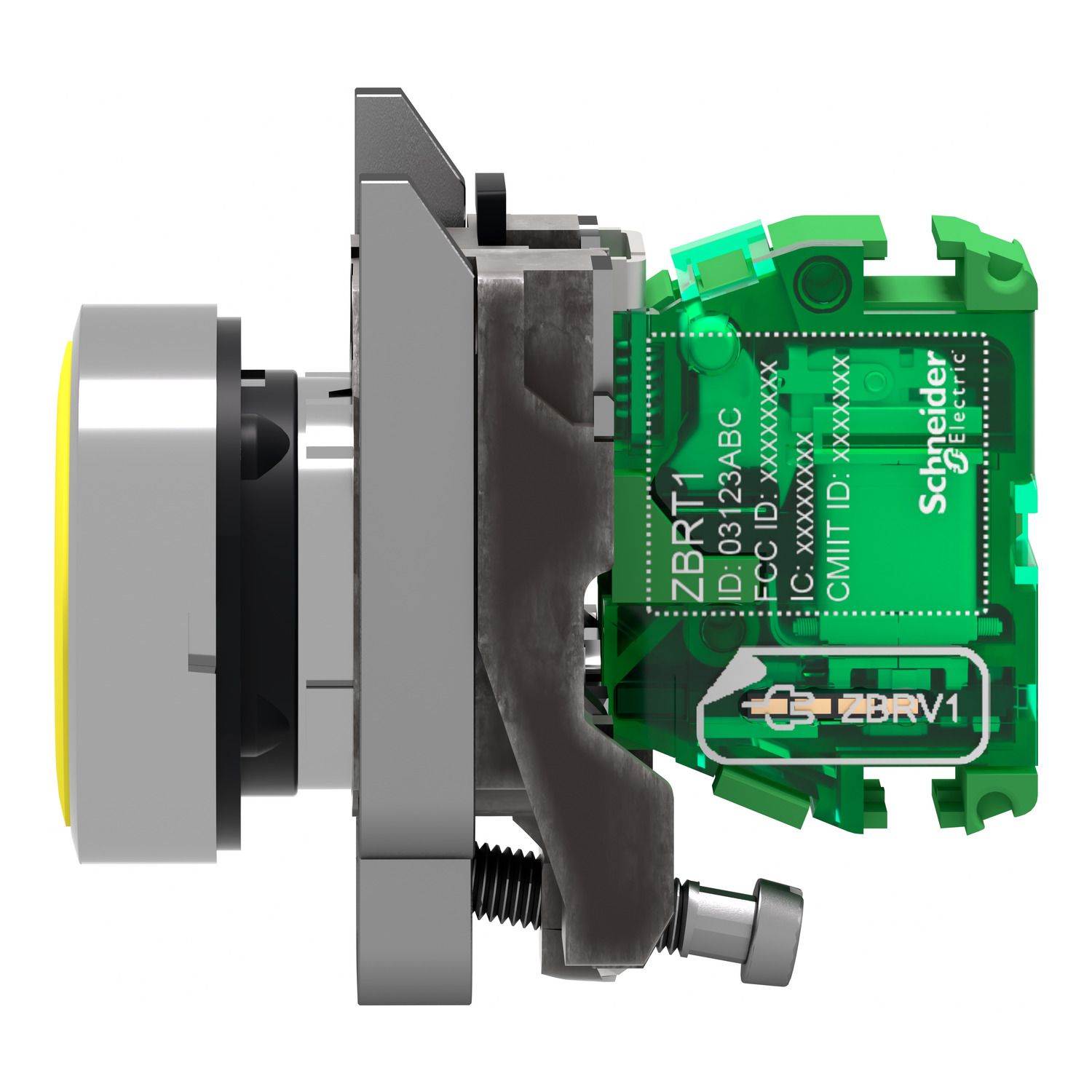 Picture of Wireless and batteryless transmitter, Harmony XB5R, push button, metal, yellow, 22mm, spring return