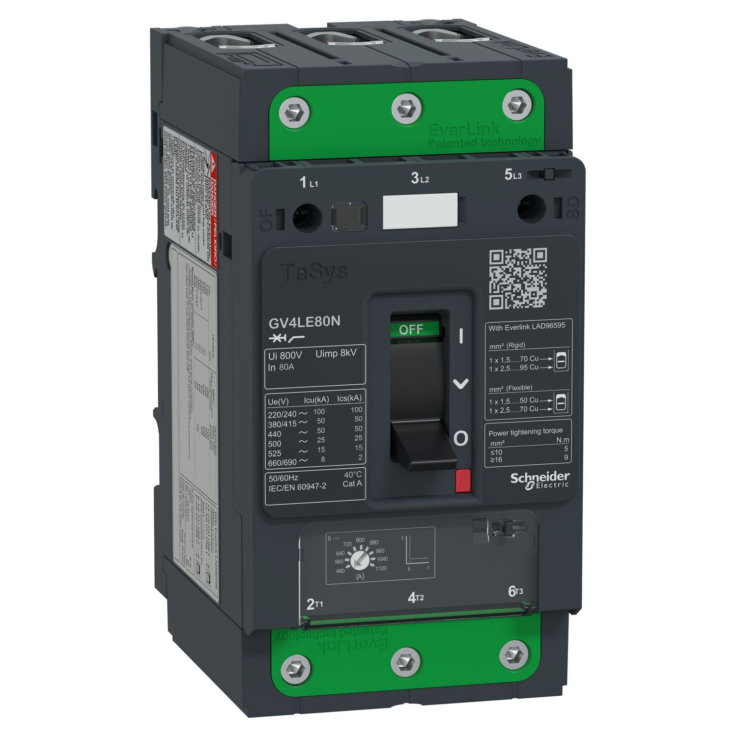 Picture of Motor circuit breaker, TeSys GV4, TeSys GV4, 3P, 80A, Icu 50kA, magnetic, EverLink terminals