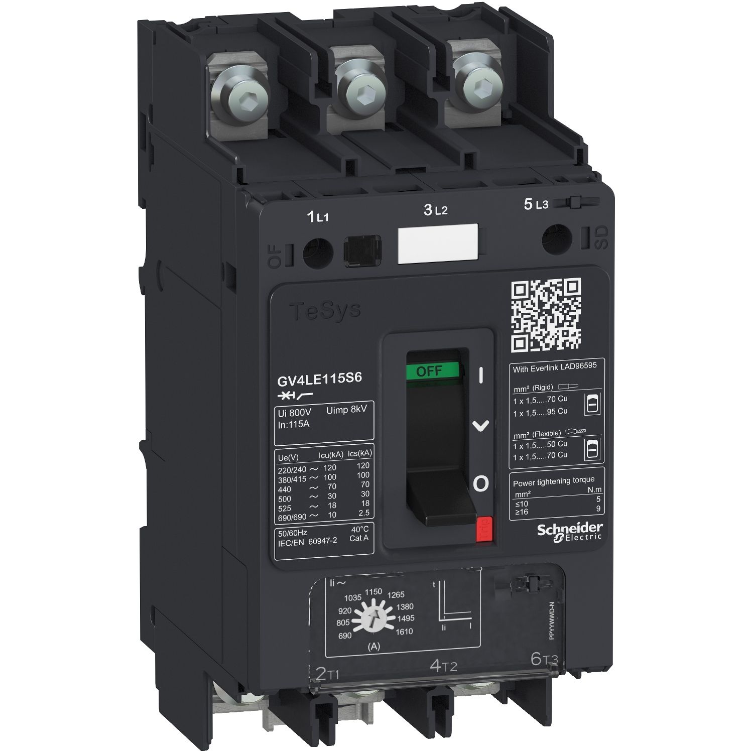 Picture of Motor circuit breaker, TeSys GV4, TeSys GV4, 3P, 3.5A, Icu 50kA, magnetic, lugs terminals