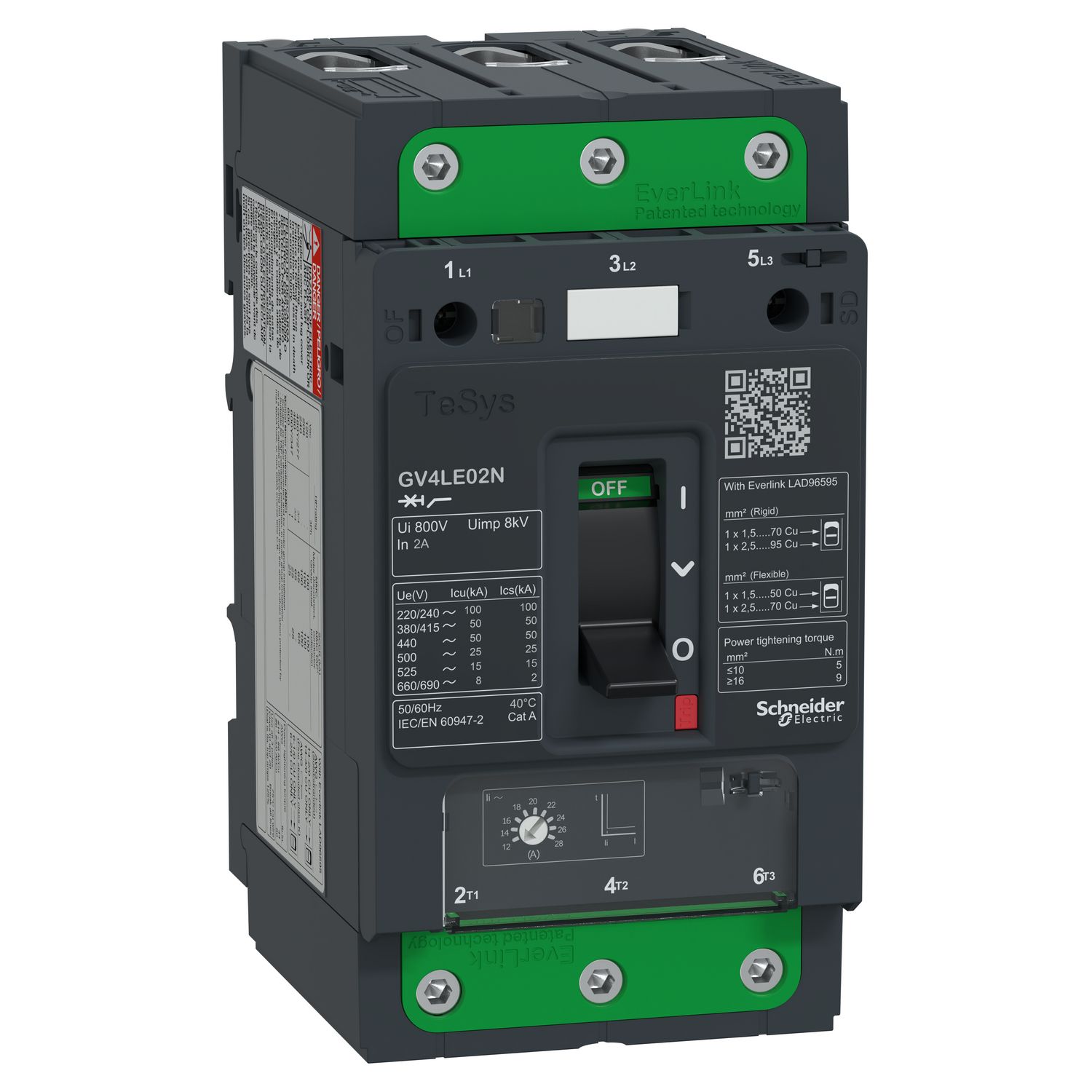 Picture of Motor circuit breaker, TeSys GV4, TeSys GV4, 3P, 2A, Icu 50kA, magnetic, EverLink terminals