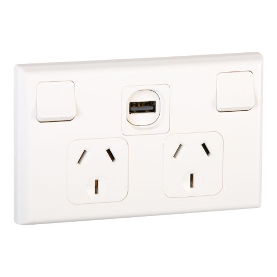 Picture of Double Horizontal Socket, Clipsal - 600 Series, with USB Charger, 10A