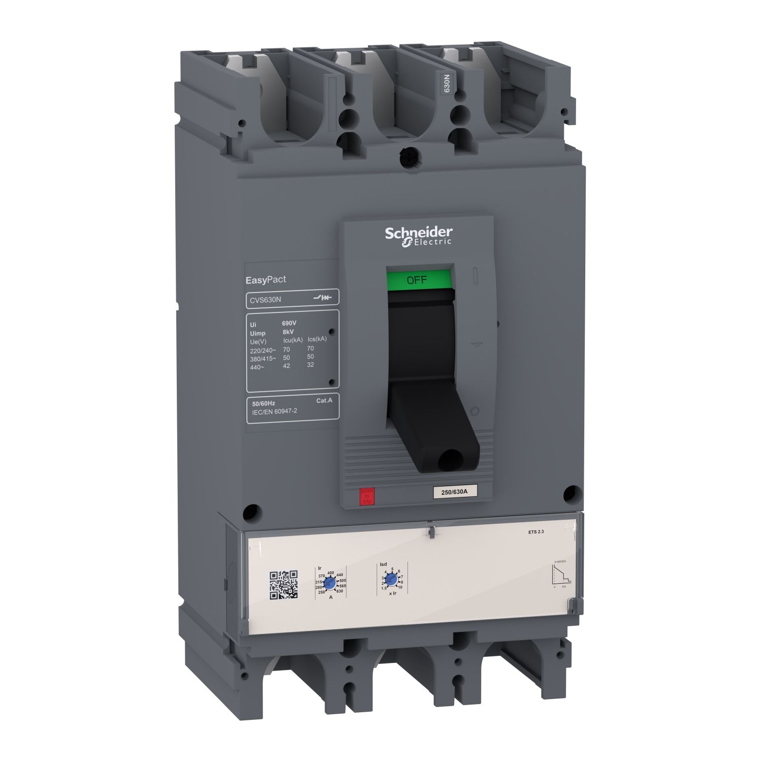Picture of circuit breaker, EasyPact CVS400N, 50kA at 415VAC, 400A, ETS 2.3 electronic trip unit, 3P3d