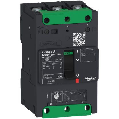 Picture of circuit breaker ComPact NSXm F (36 kA at 415 VAC), 3P 3d, 160 A rating TMD trip unit, compression lugs and busbar connectors