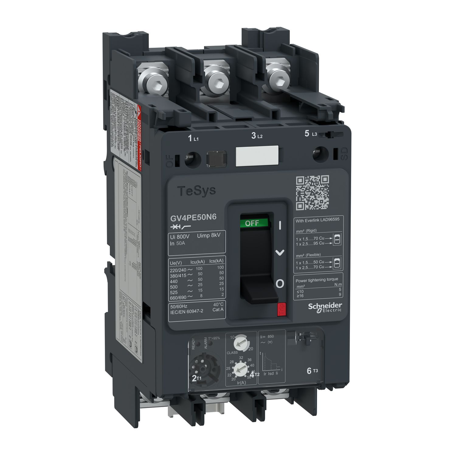 Picture of Motor circuit breaker, TeSys GV4, TeSys GV4, 3P, 50A, Icu 50kA, thermal magnetic, lugs terminals