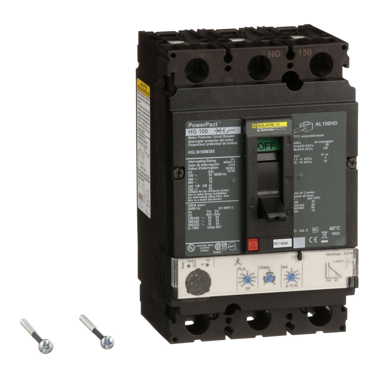 Picture of Motor circuit protector, PowerPacT H, 100A, 3 pole, 600VAC, 18kA, lugs, Micrologic 2.2M, 80%