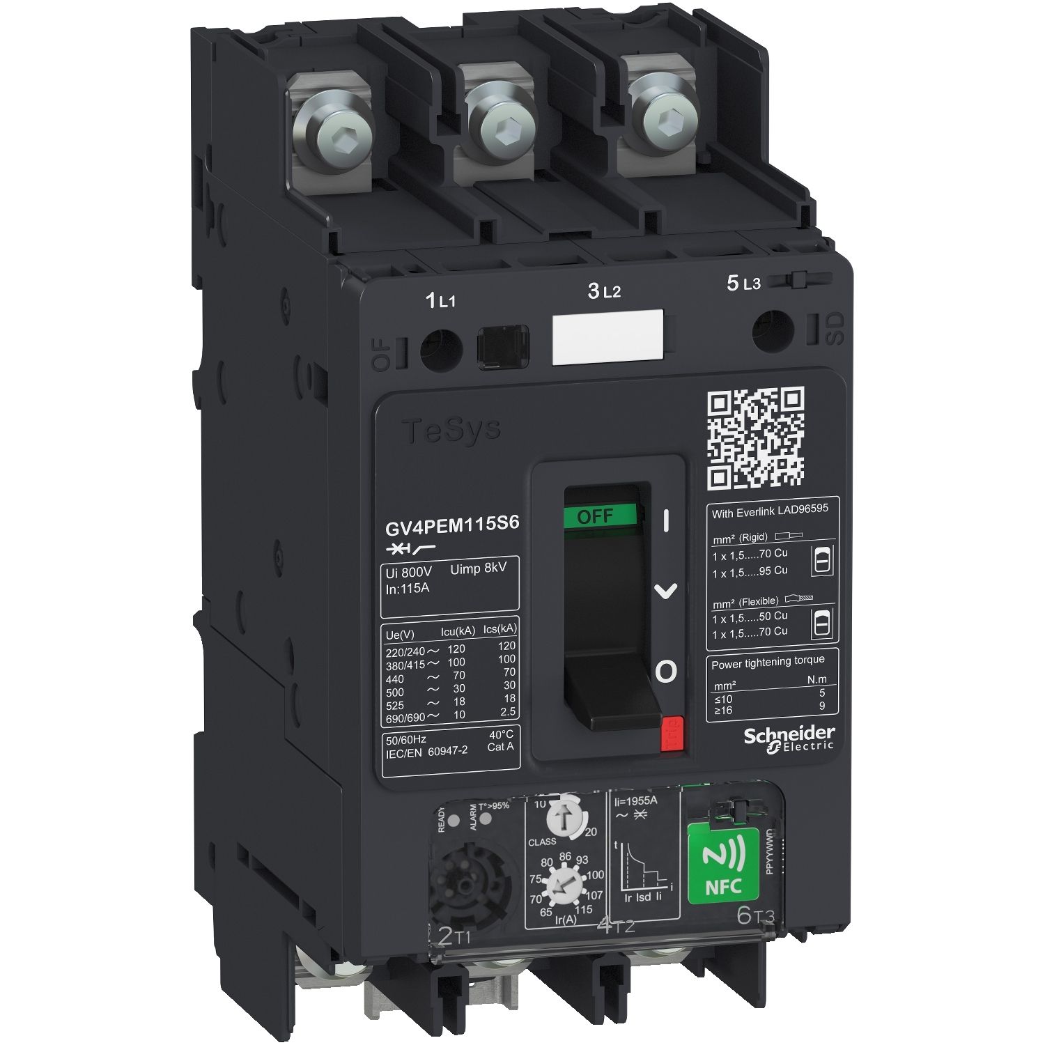Picture of Motor circuit breaker, TeSys GV4, TeSys GV4, 3P, 2A, Icu 50kA, thermal magnetic multifunction, lugs terminals