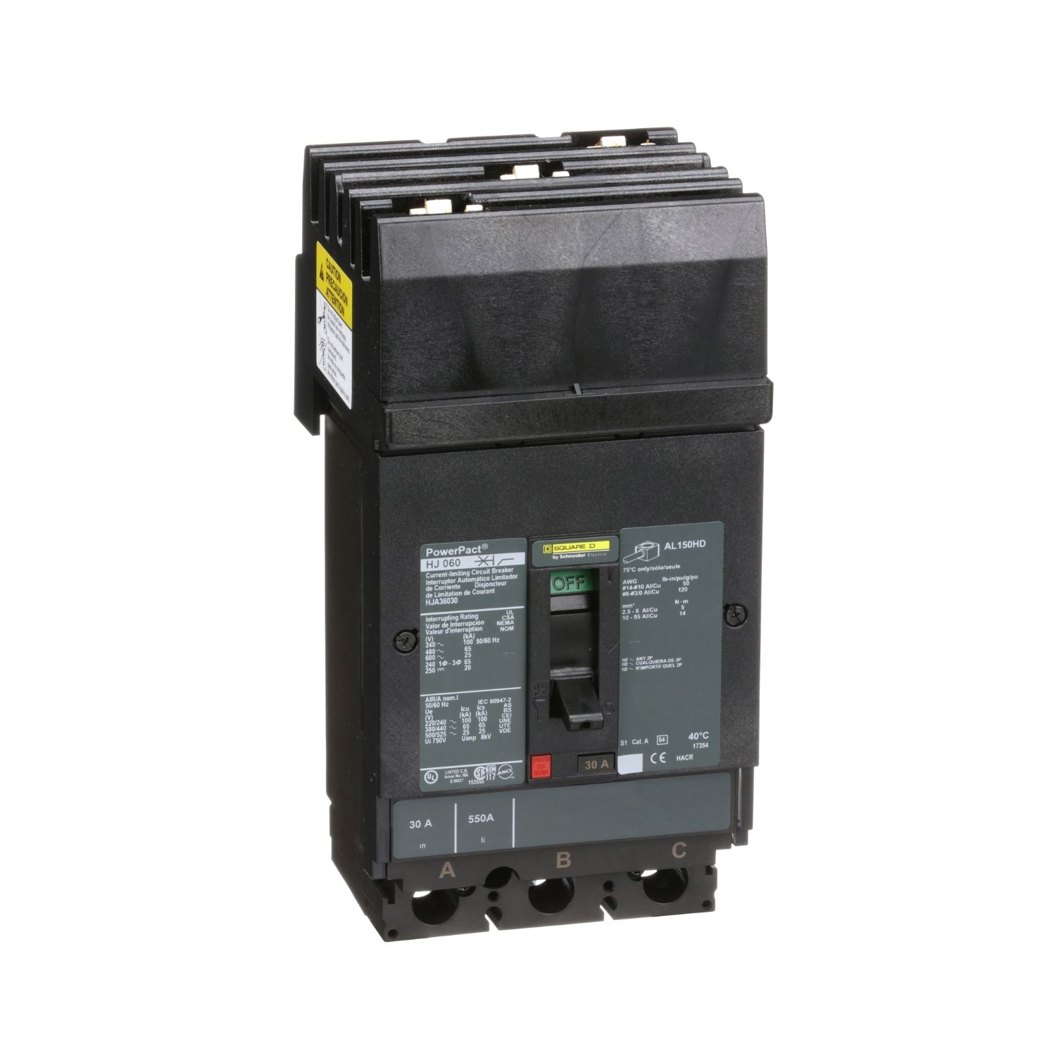 Picture of Circuit breaker, PowerPacT H, 30A, 3 pole, 600VAC, 25kA, I-Line, thermal magnetic, 80%, ABC