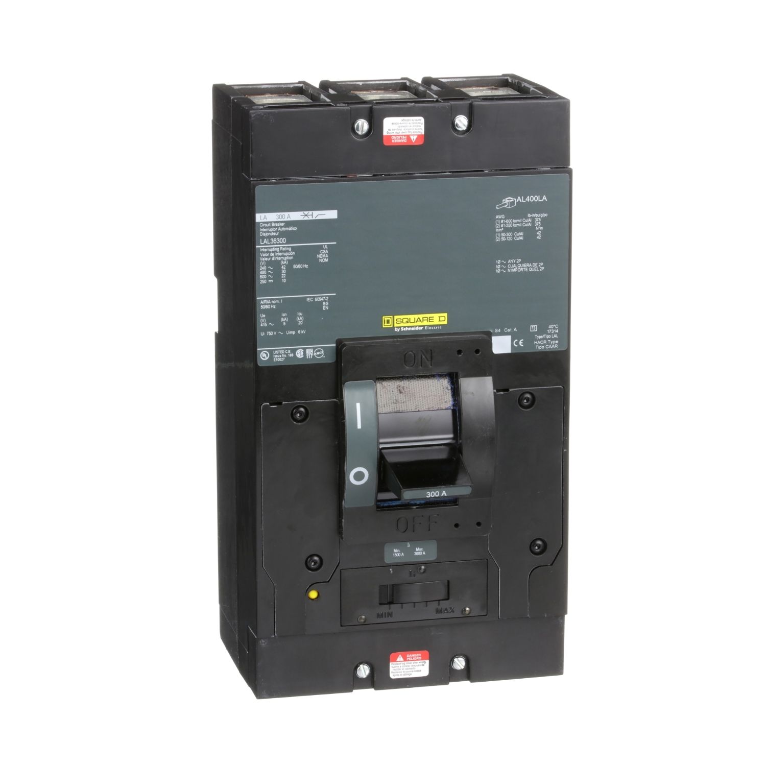 Picture of Circuit breaker, LA, 300A, 3 pole, 600VAC, 22kA, 250VDC, 10kA, lugs, thermal magnetic