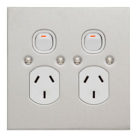 Picture of Twin Switch Socket Outlet, Metal Plate Series, 250V, 10A, B Style, Flat Plate, Vertical