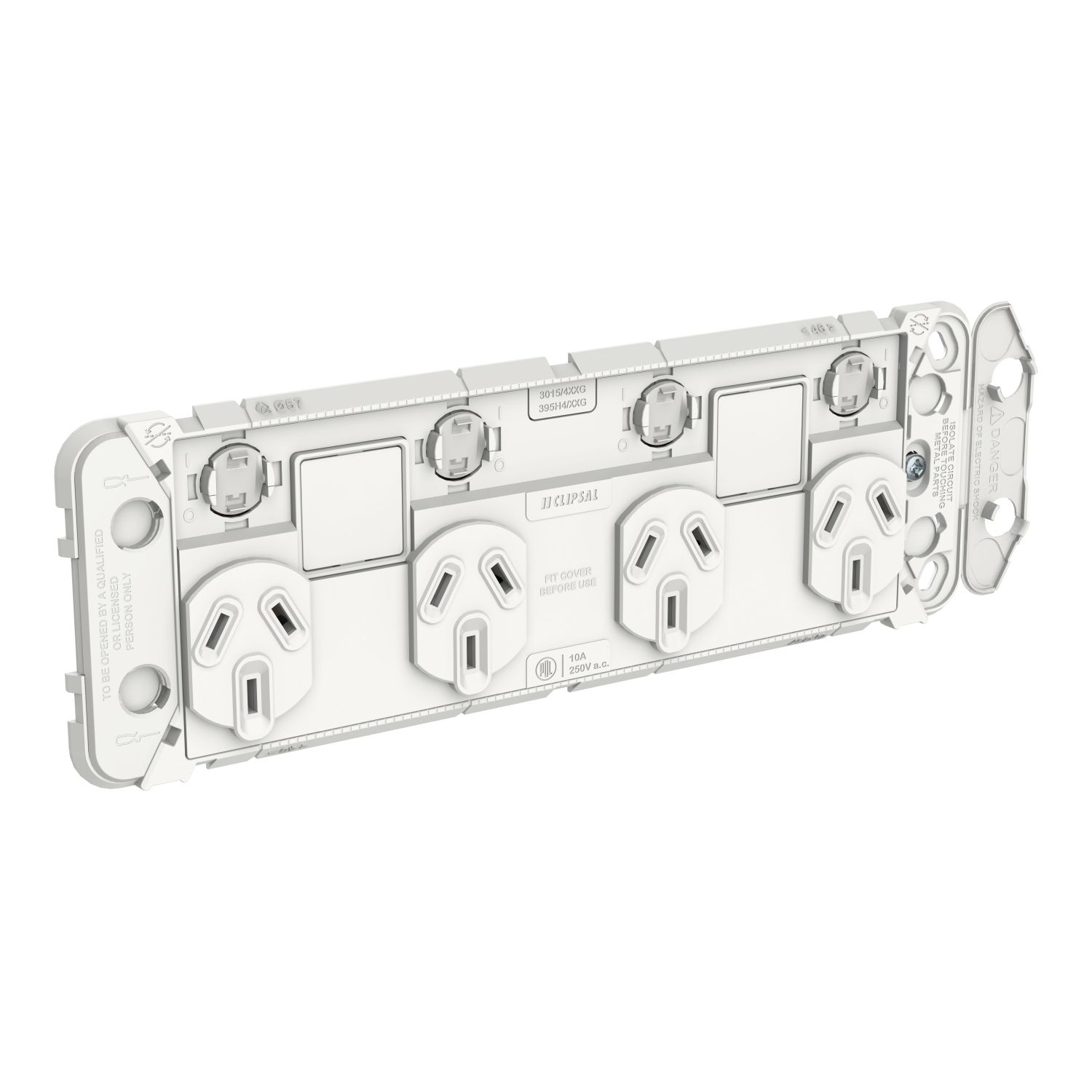 Picture of Quad Switch Power Point Grid with 2 extra switches, Clipsal Iconic, Horizontal Mount, 250V, 10A, Less Mechanisms